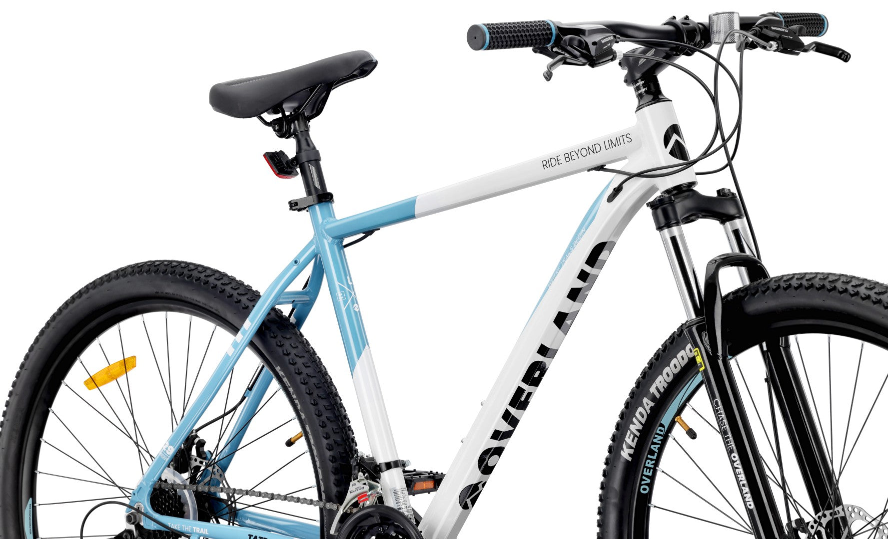 Mountainbike MTB 29 Zoll KENDA Shimano Aluminium Leichtbauweise 21 Gänge Stoßdämpfer Scheibenbremsen Rahmengröße L 21 Zoll Tatra Bikes Overland weiß blau 
