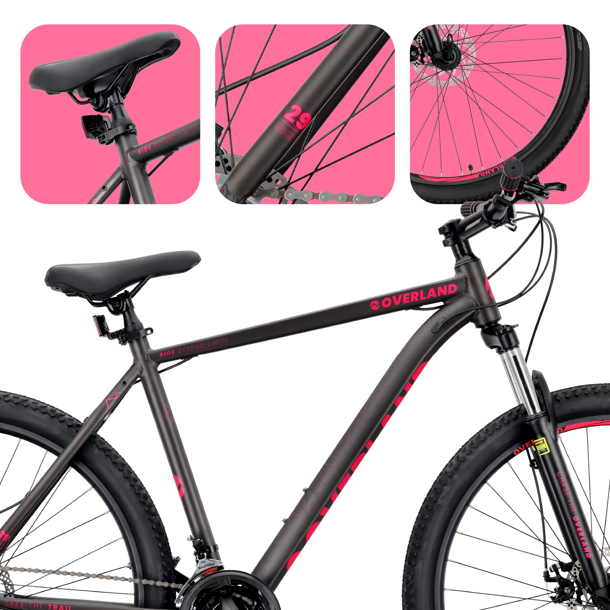 Rower górski MTB 29 cali KENDA Shimano Aluminium Lekki 21 biegów Amortyzator Hamulce tarczowe Rama L 21 cali Tatra Bikes Overland czarny fuksja matowy