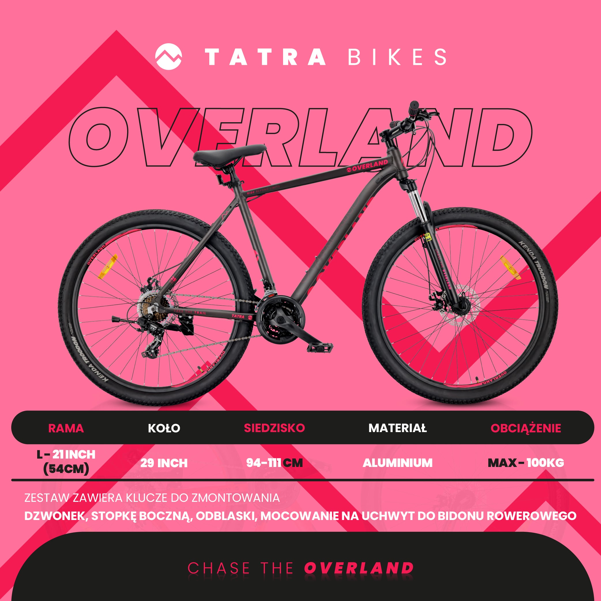 Rower górski MTB 29 cali KENDA Shimano Aluminium Lekki 21 biegów Amortyzator Hamulce tarczowe Rama L 21 cali Tatra Bikes Overland czarny fuksja matowy
