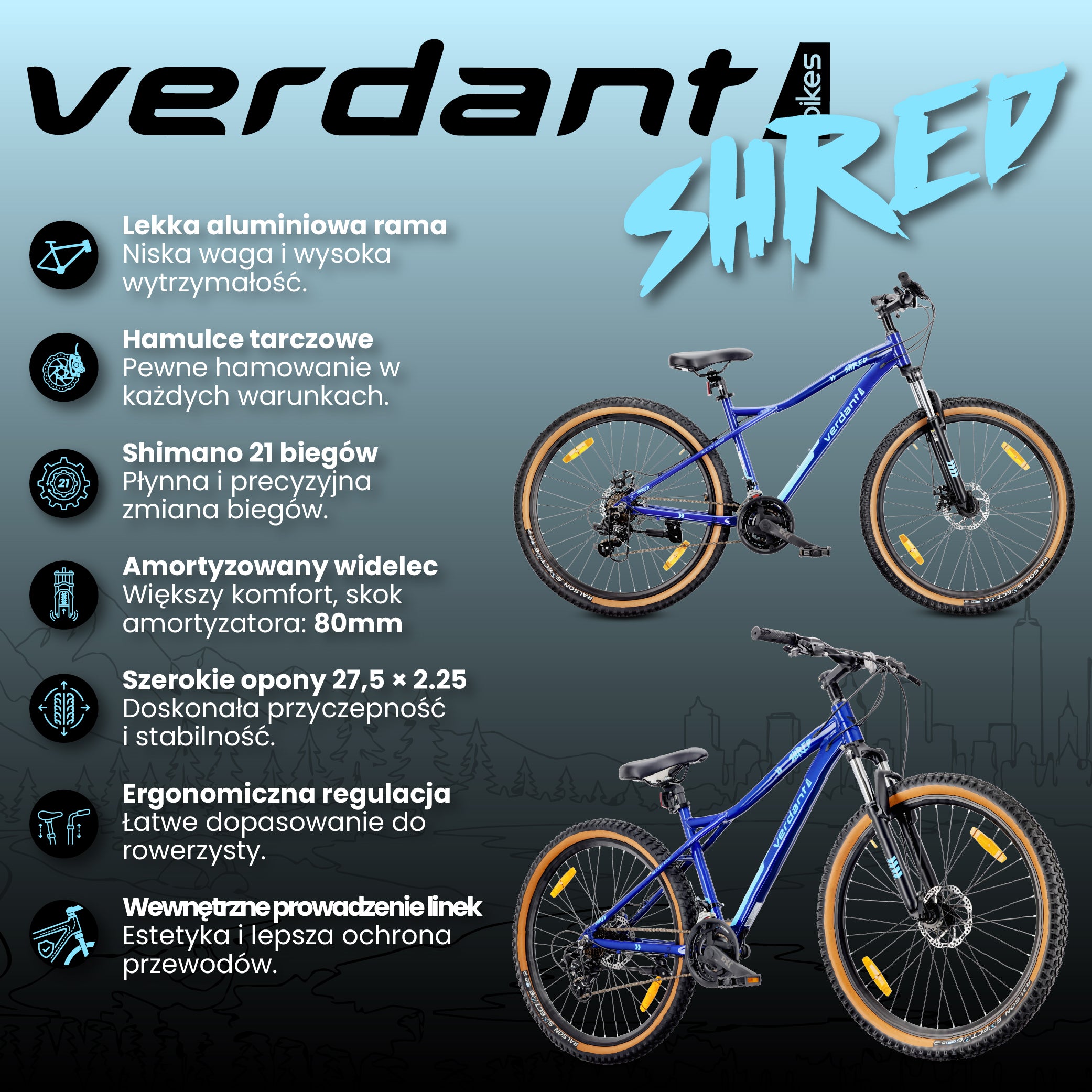 Rower górski MTB 27.5 cala 21 biegów na Komunię Aluminium Lekki Amortyzator Hamulce tarczowe Shimano Rama M 17 cali Verdant Shred niebieski
