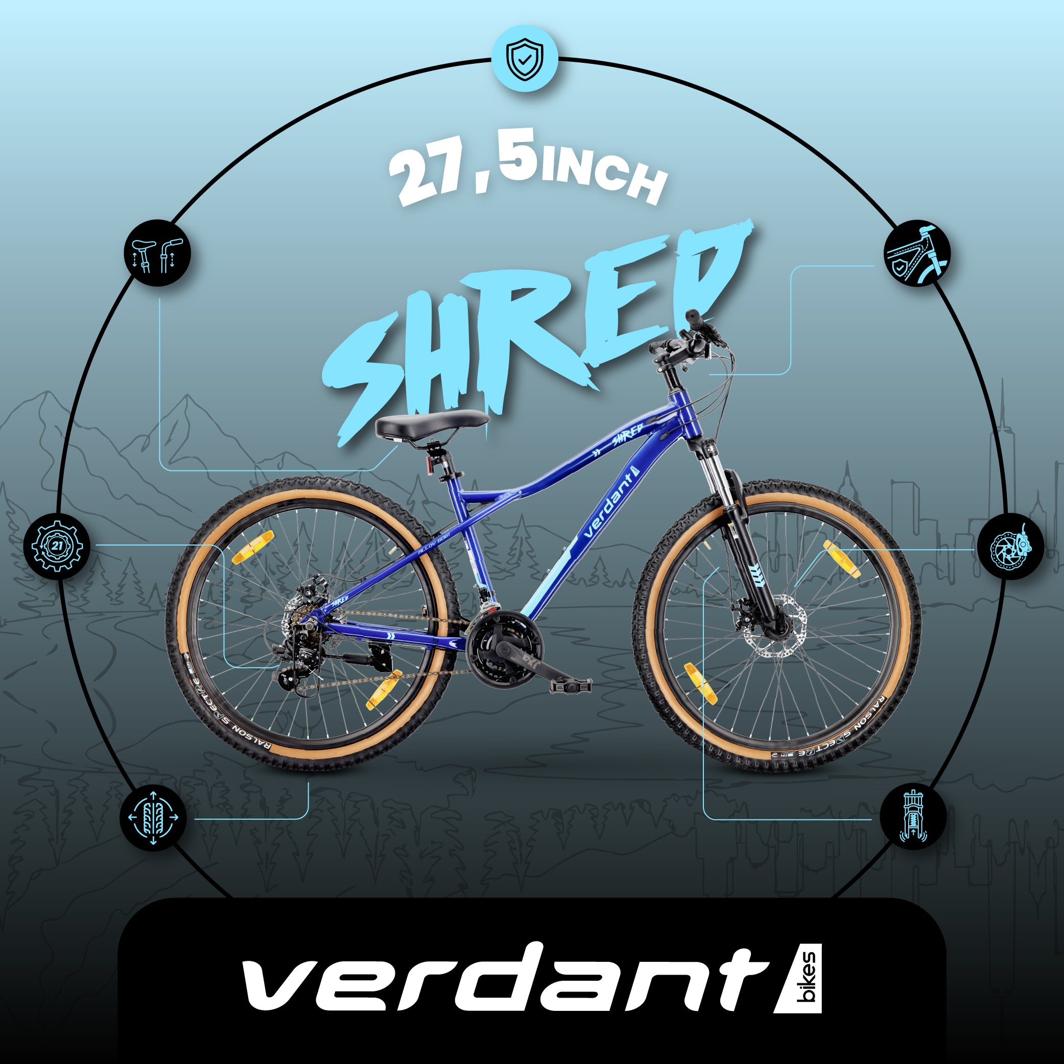 Rower górski MTB 27.5 cala 21 biegów na Komunię Aluminium Lekki Amortyzator Hamulce tarczowe Shimano Rama M 17 cali Verdant Shred niebieski