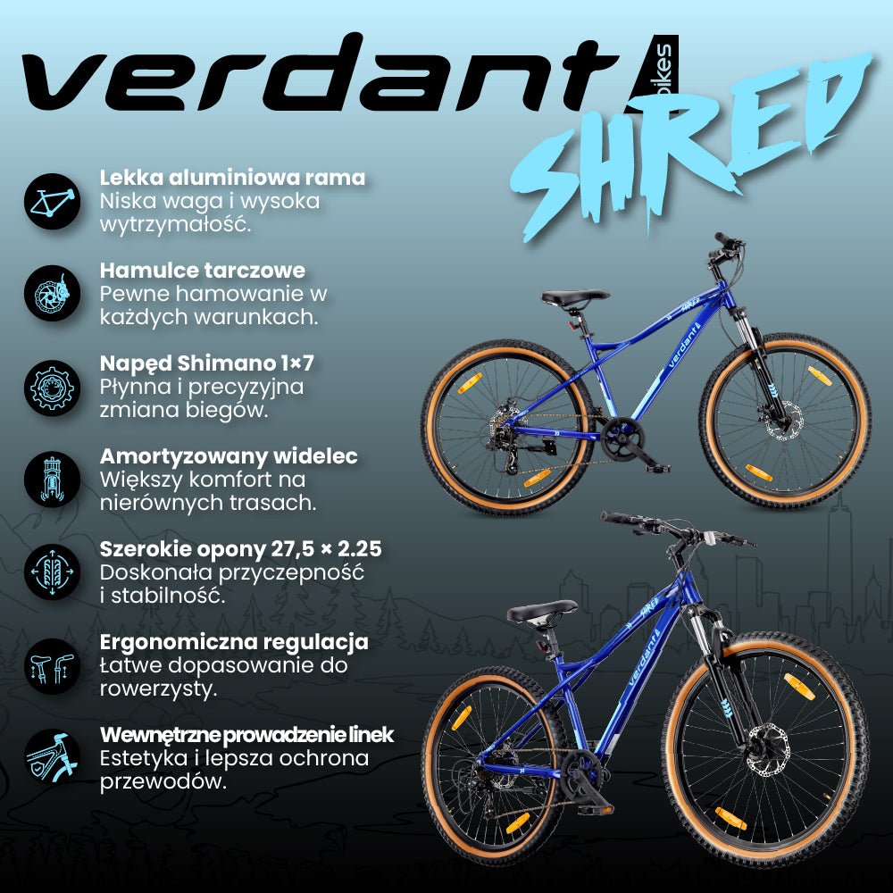 Rower górski MTB 27.5 cala 7 biegów na Komunię Aluminium Lekki Amortyzator Hamulce tarczowe Shimano Rama M 17 cali Verdant Shred niebieski