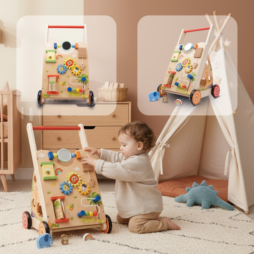Pchacz dla dziecka 2w1 drewniany chodzik interaktywny XXL, tablica manipulacyjna