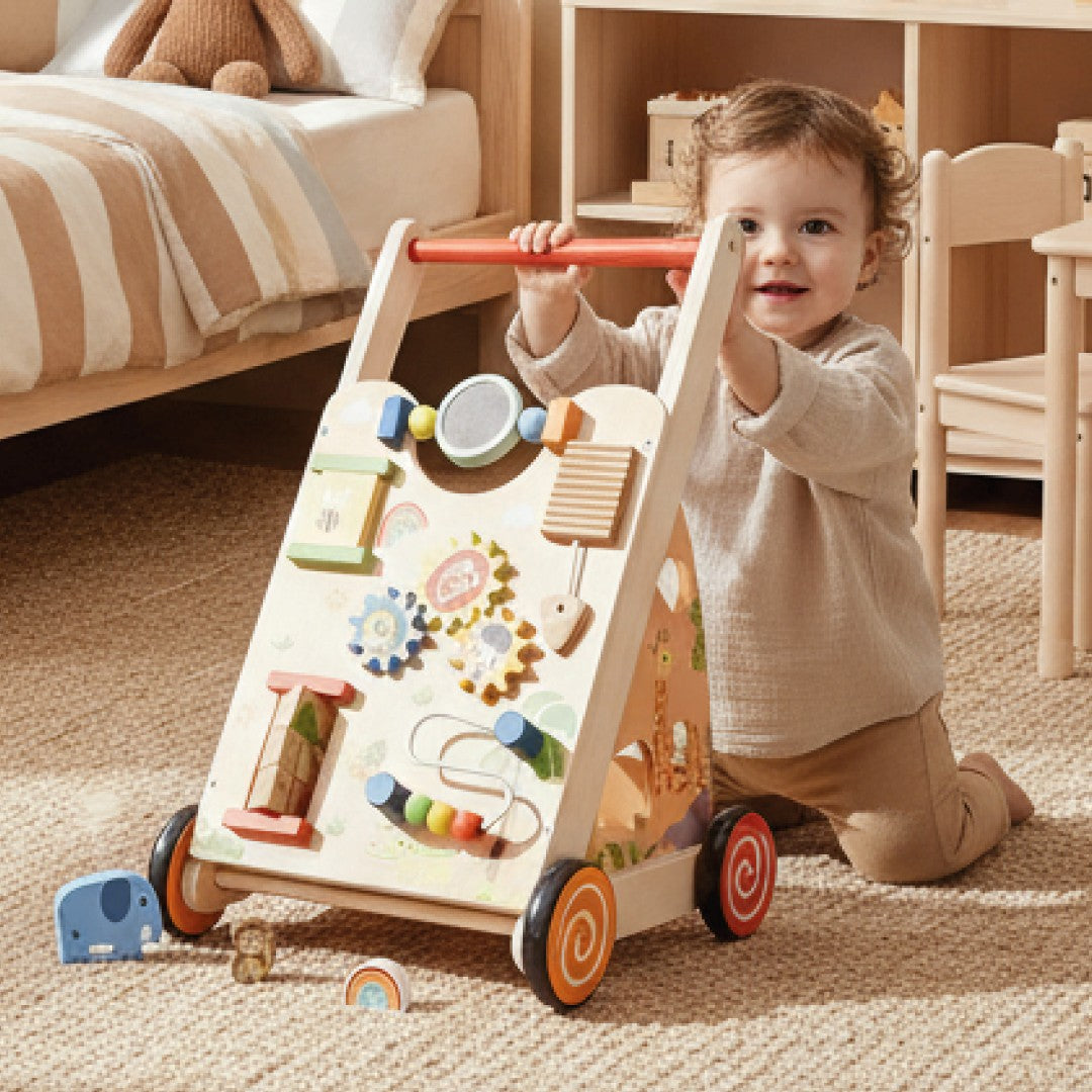 Pchacz dla dziecka 2w1 drewniany chodzik interaktywny XXL, tablica manipulacyjna