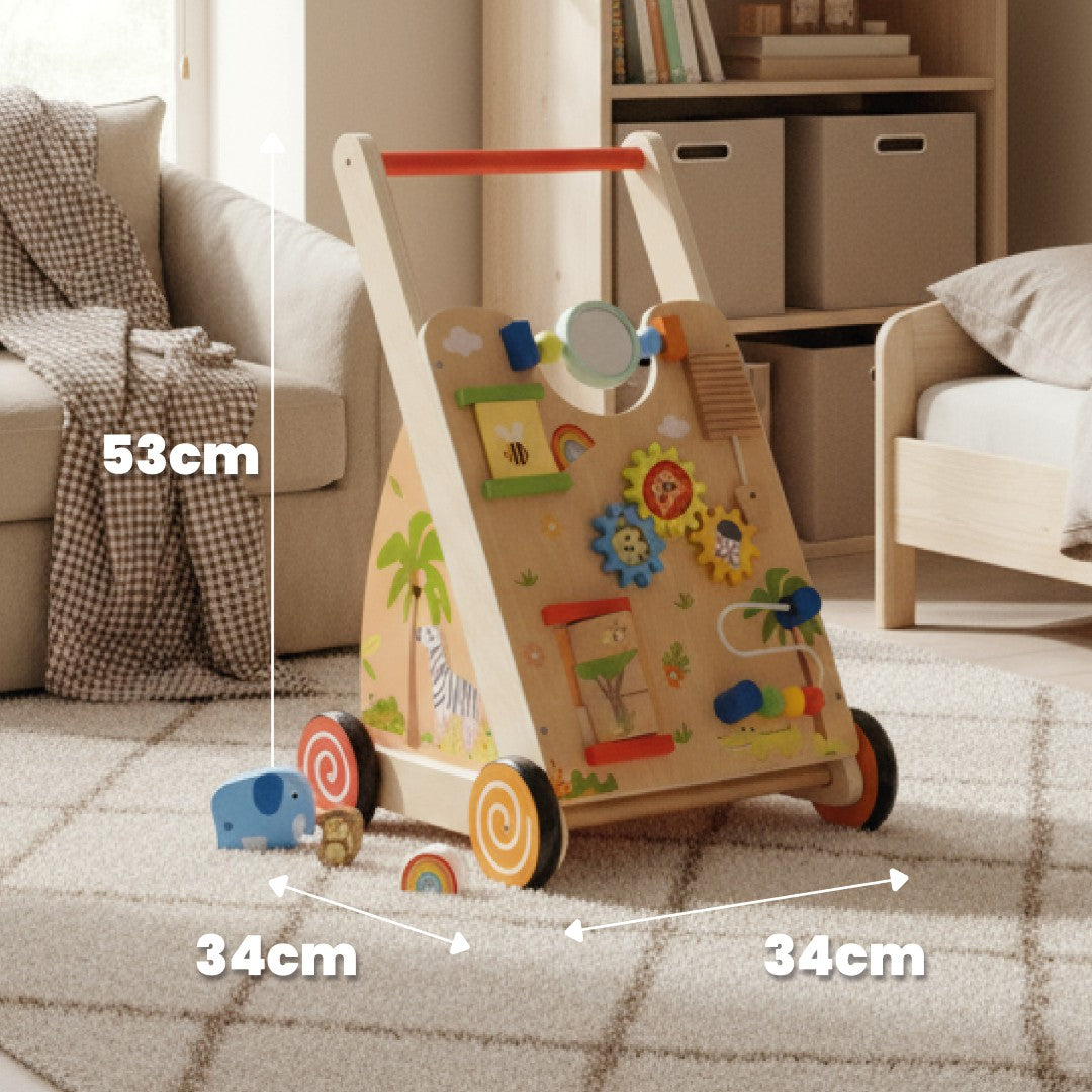 Pchacz dla dziecka 2w1 drewniany chodzik interaktywny XXL, tablica manipulacyjna