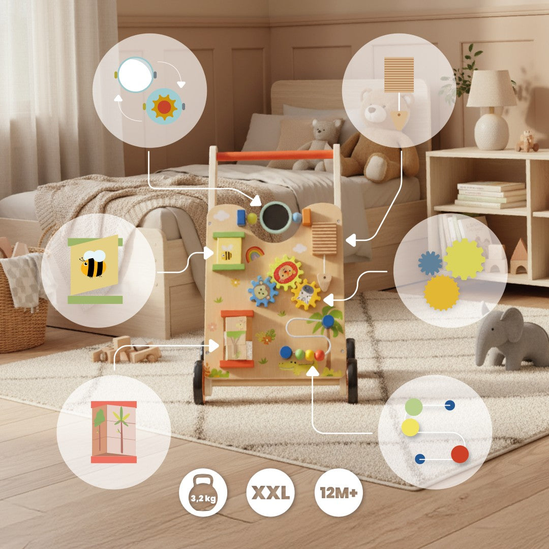 Pchacz dla dziecka 2w1 drewniany chodzik interaktywny XXL, tablica manipulacyjna