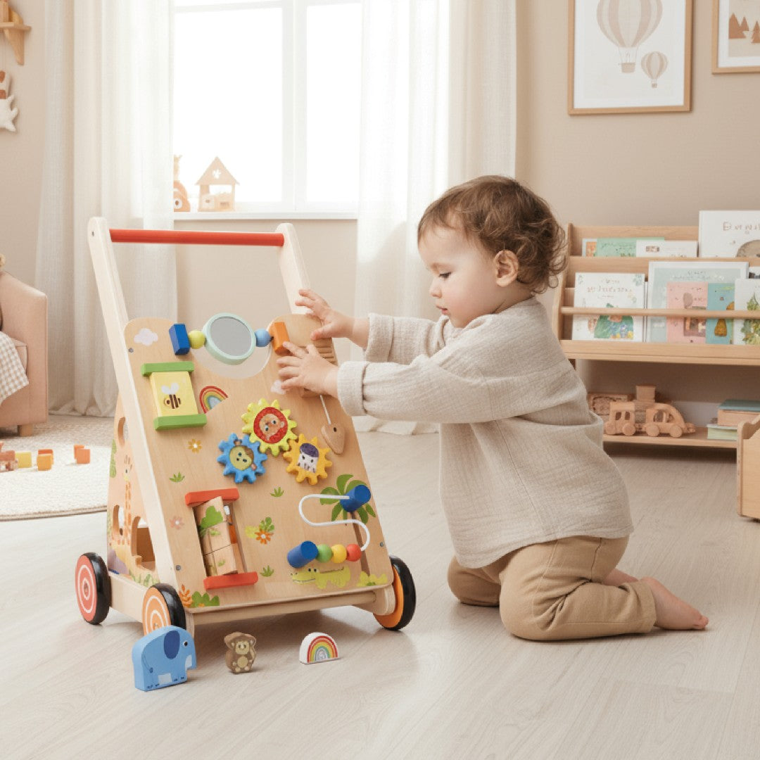 Pchacz dla dziecka 2w1 drewniany chodzik interaktywny XXL, tablica manipulacyjna