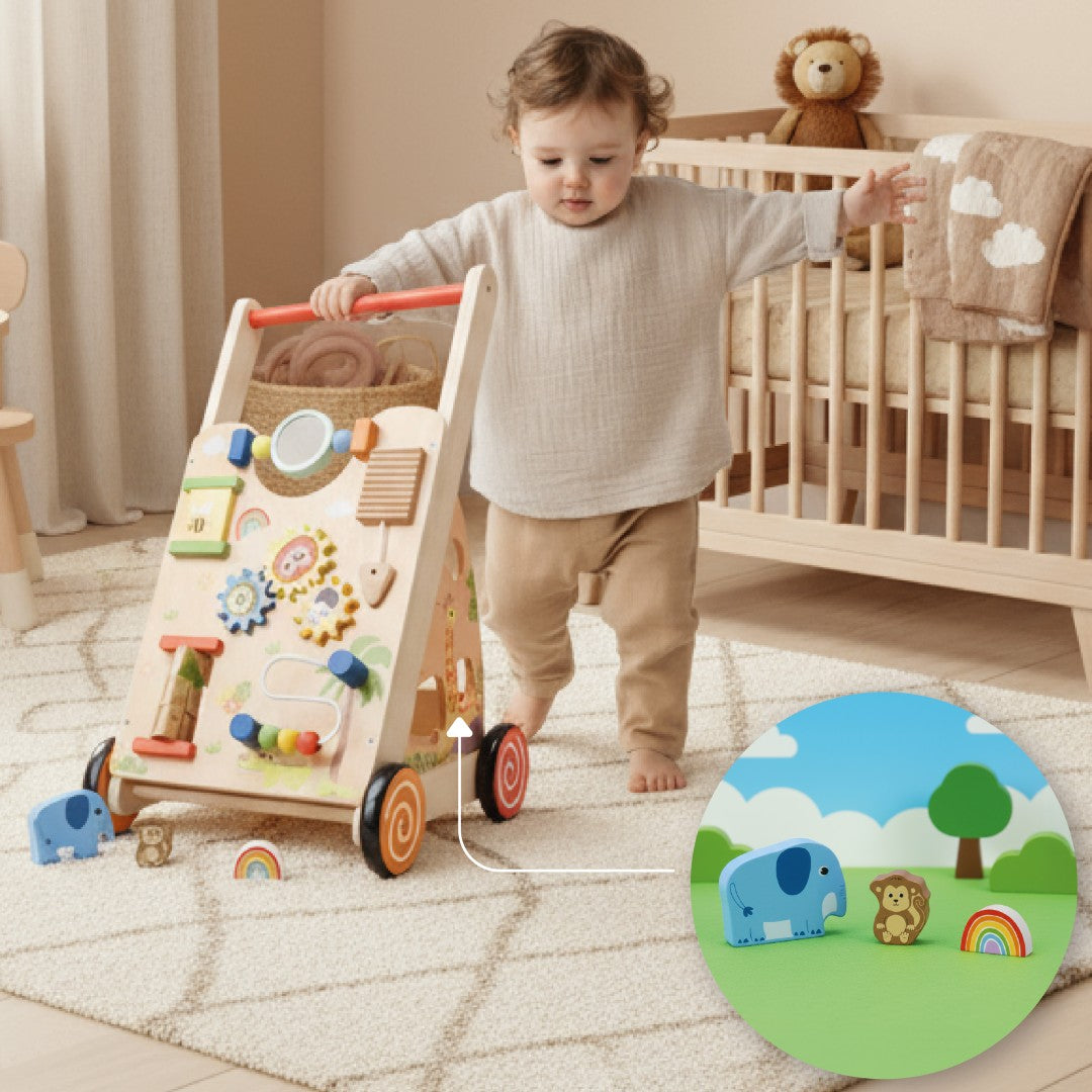 Pchacz dla dziecka 2w1 drewniany chodzik interaktywny XXL, tablica manipulacyjna