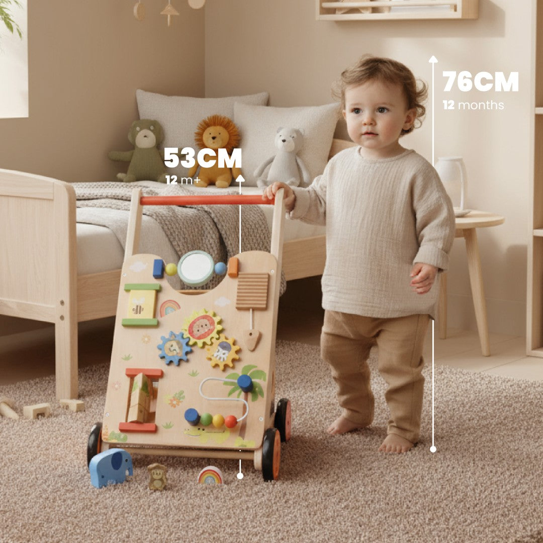 Pchacz dla dziecka 2w1 drewniany chodzik interaktywny XXL, tablica manipulacyjna