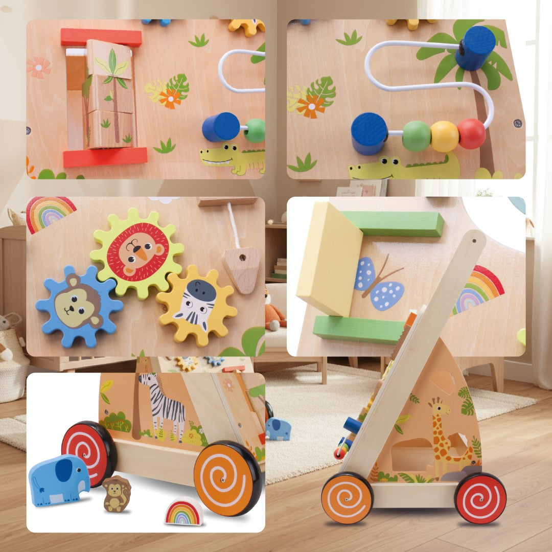 Pchacz dla dziecka 2w1 drewniany chodzik interaktywny XXL, tablica manipulacyjna