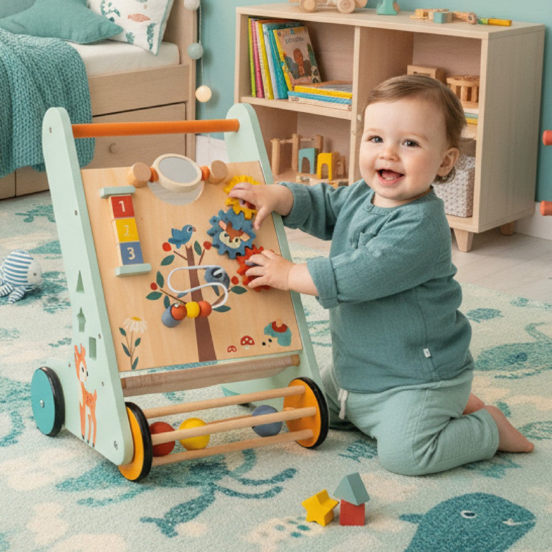 Chodzik jeździk Pchacz drewniany dla dziecka Sorter interaktywny GIGANT XXL 48 cm