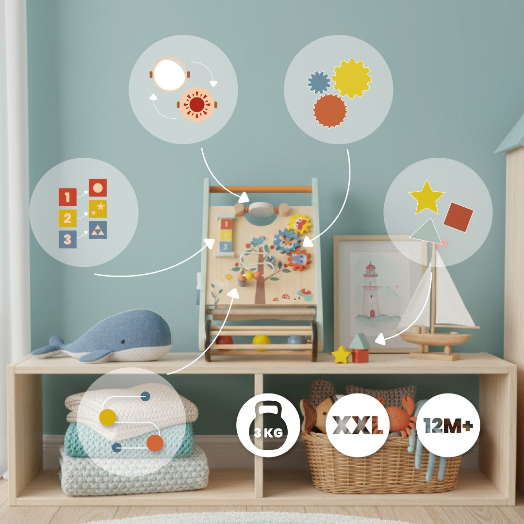 Chodzik jeździk Pchacz drewniany dla dziecka Sorter interaktywny GIGANT XXL 48 cm