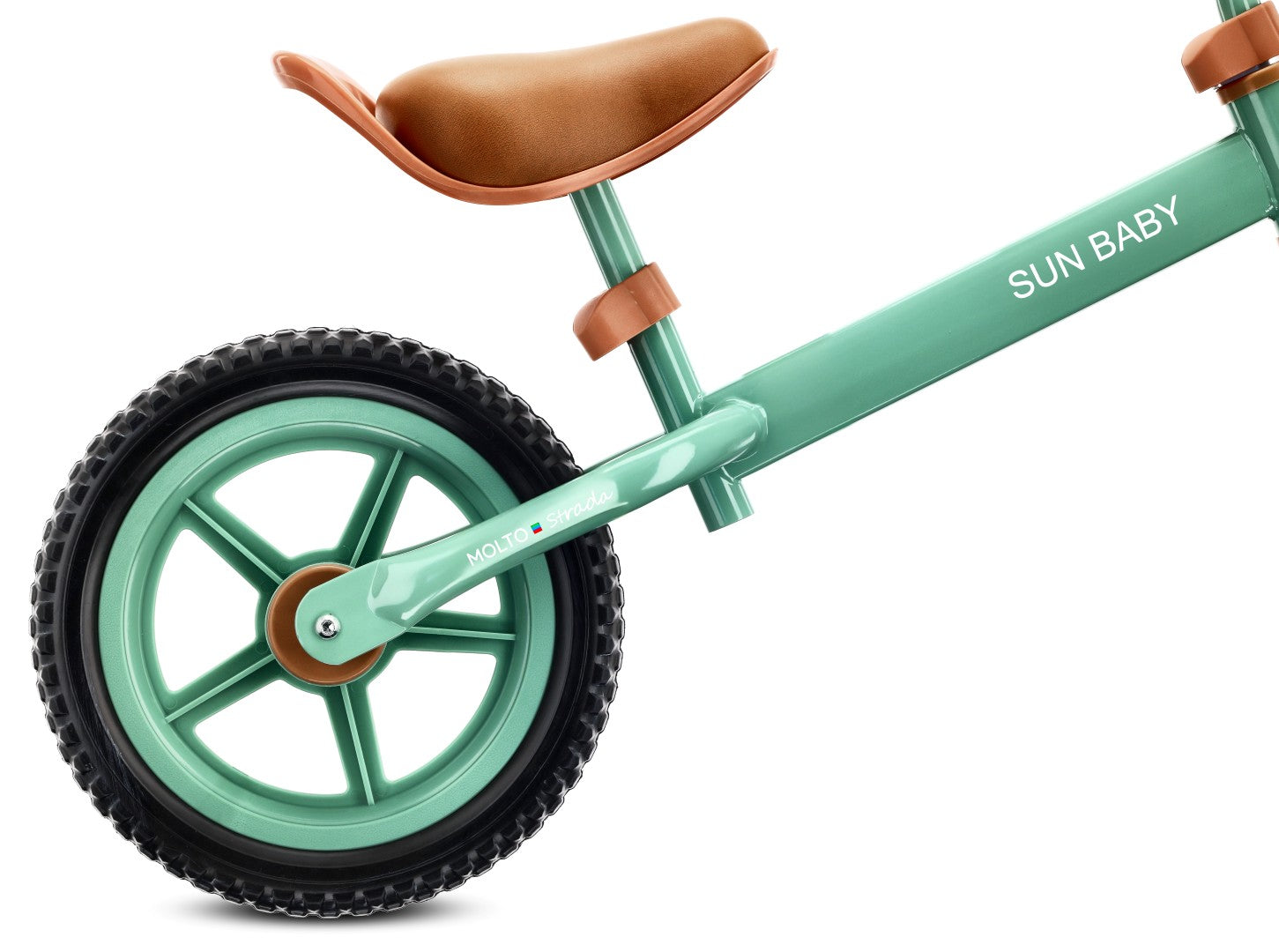 Lekki Rowerek biegowy dla dziecka 12 cali 2 lat 3 lat 2,5 kg Molto STRADA Sage green czarne opony