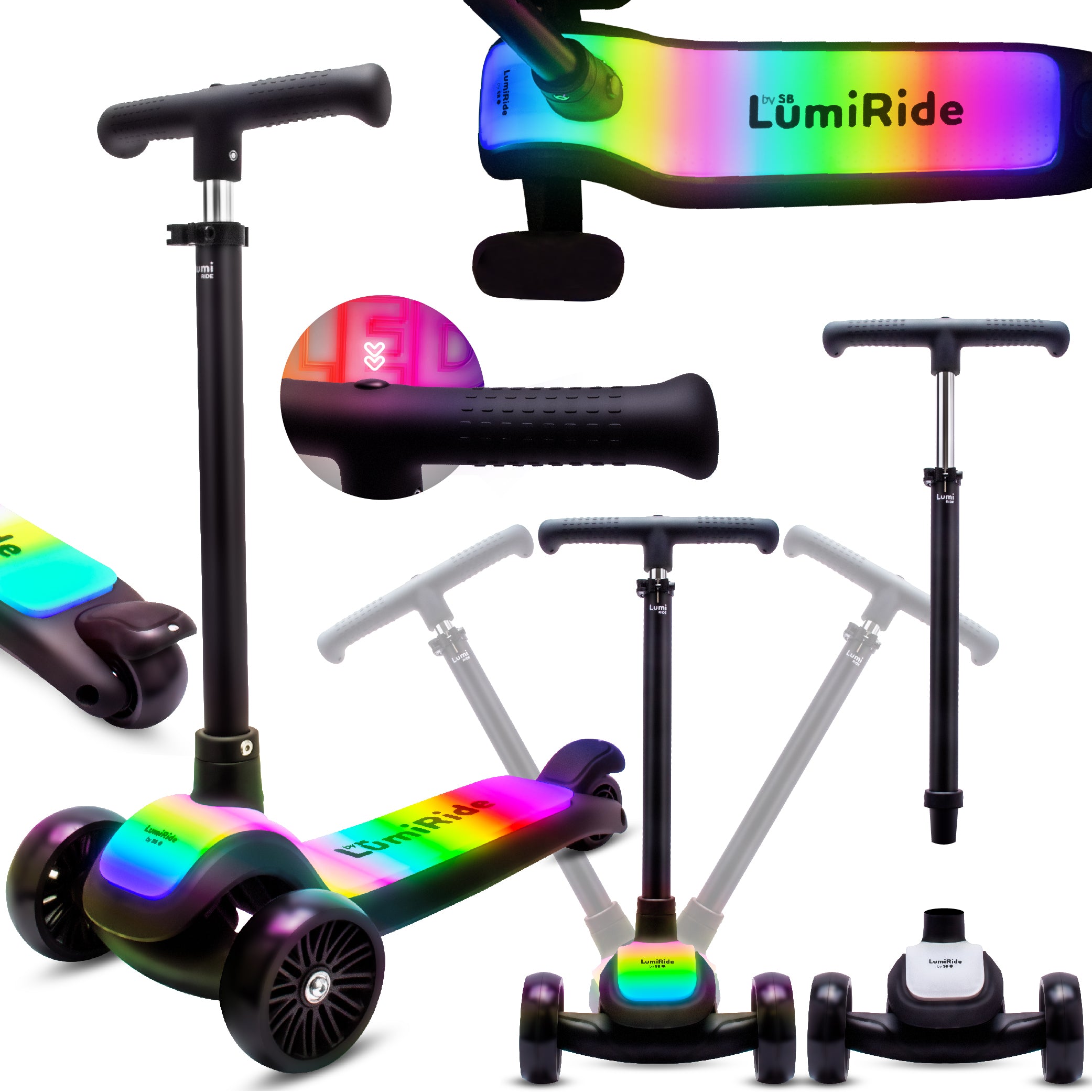 LUMI RIDE Dreirädriger Balance-Scooter, faltbar, verstellbar, LED-Plattform, 7 Farben, 20 Programme, schwarz, Sun Baby, II Qualität 