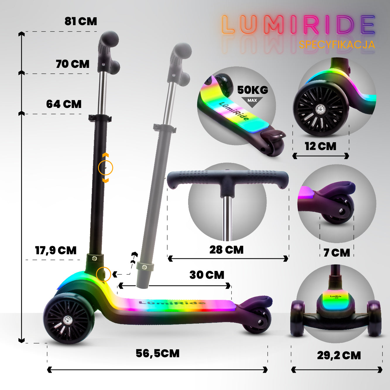 LUMI RIDE 3-wheeled balance scooter, foldable, adjustable, LED platform, 7 colors, 20 programs, black, Sun Baby, II quality