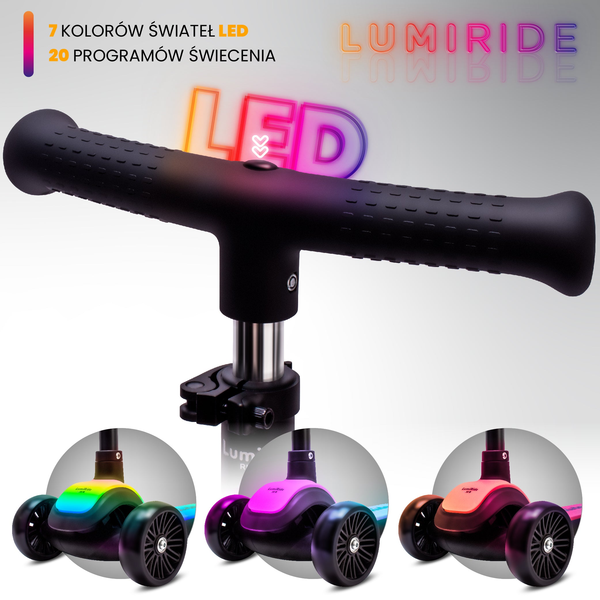 LUMI RIDE 3-wheeled balance scooter, foldable, adjustable, LED platform, 7 colors, 20 programs, black, Sun Baby, II quality