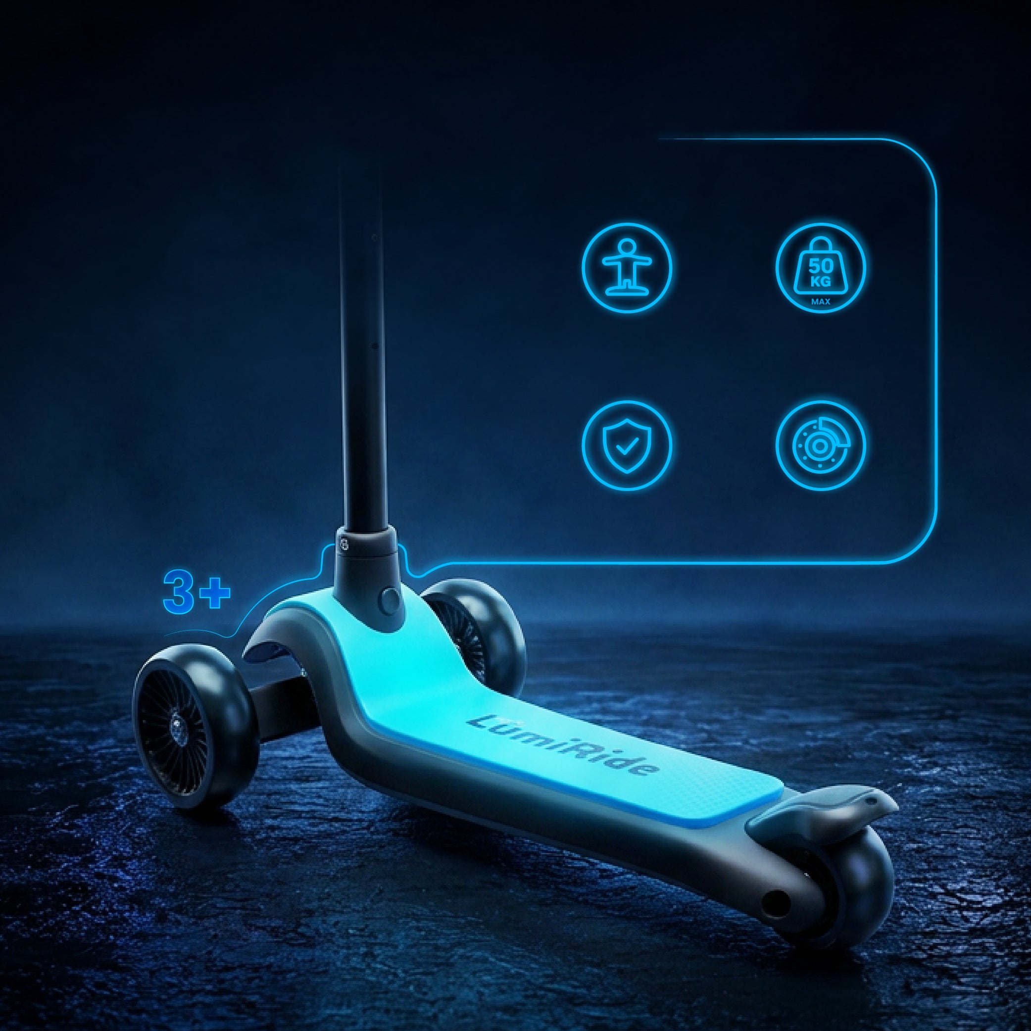 LUMI RIDE Hulajnoga trójkołowa balansowa składana regulowana Platforma LED 7 kolorów 20 programów czarny Sun Baby