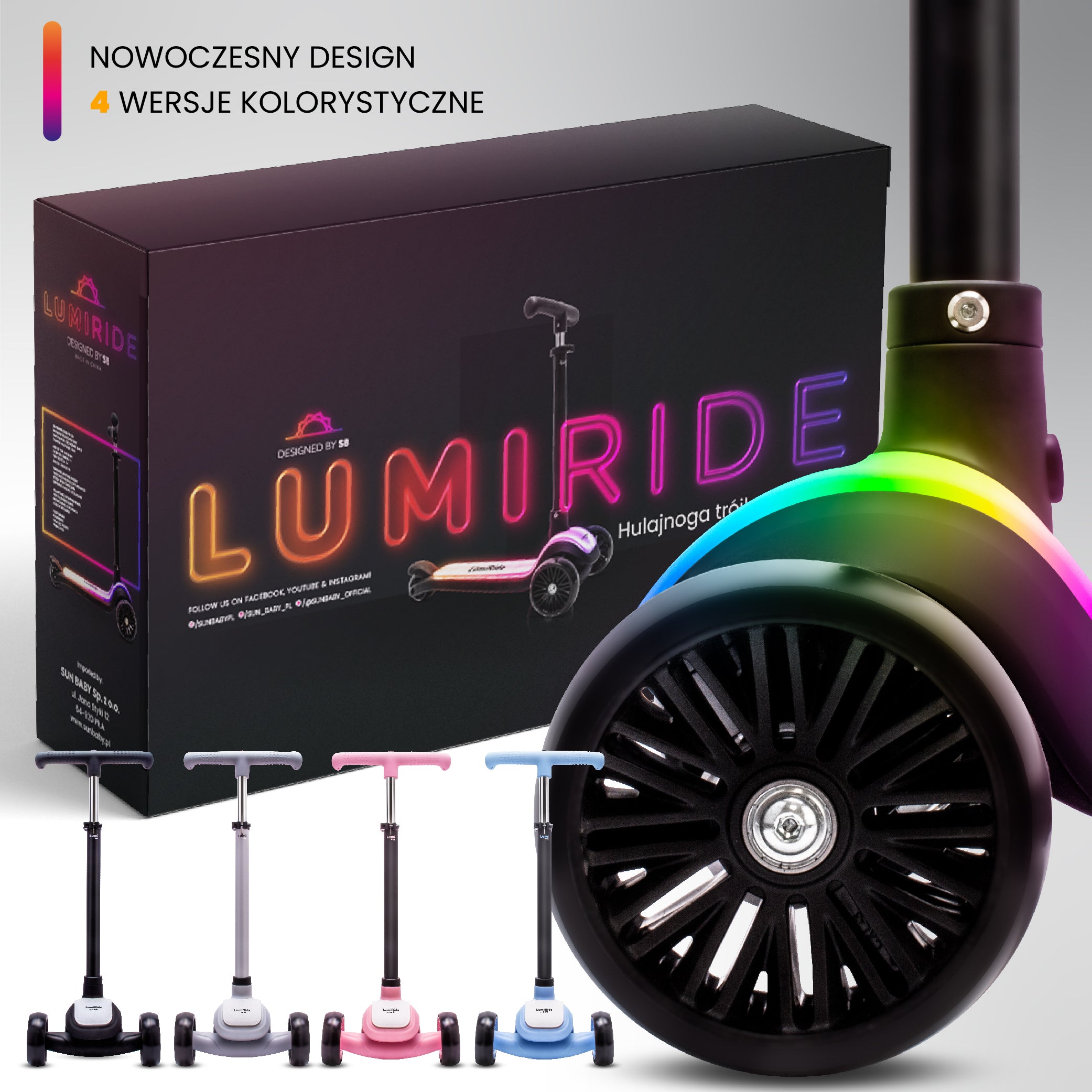 LUMI RIDE 3-wheeled balance scooter, foldable, adjustable, LED platform, 7 colors, 20 programs, black, Sun Baby, II quality