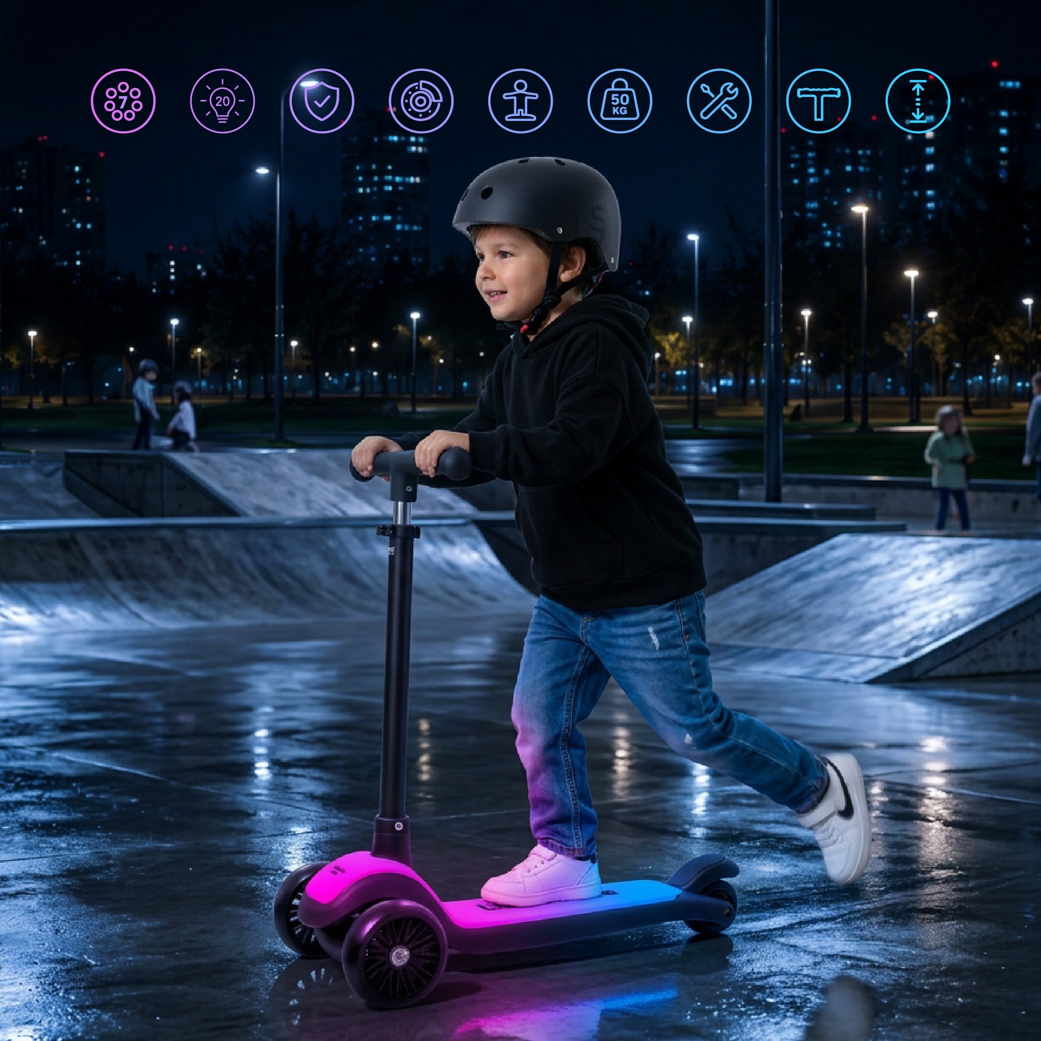 LUMI RIDE Hulajnoga trójkołowa balansowa składana regulowana Platforma LED 7 kolorów 20 programów czarny Sun Baby