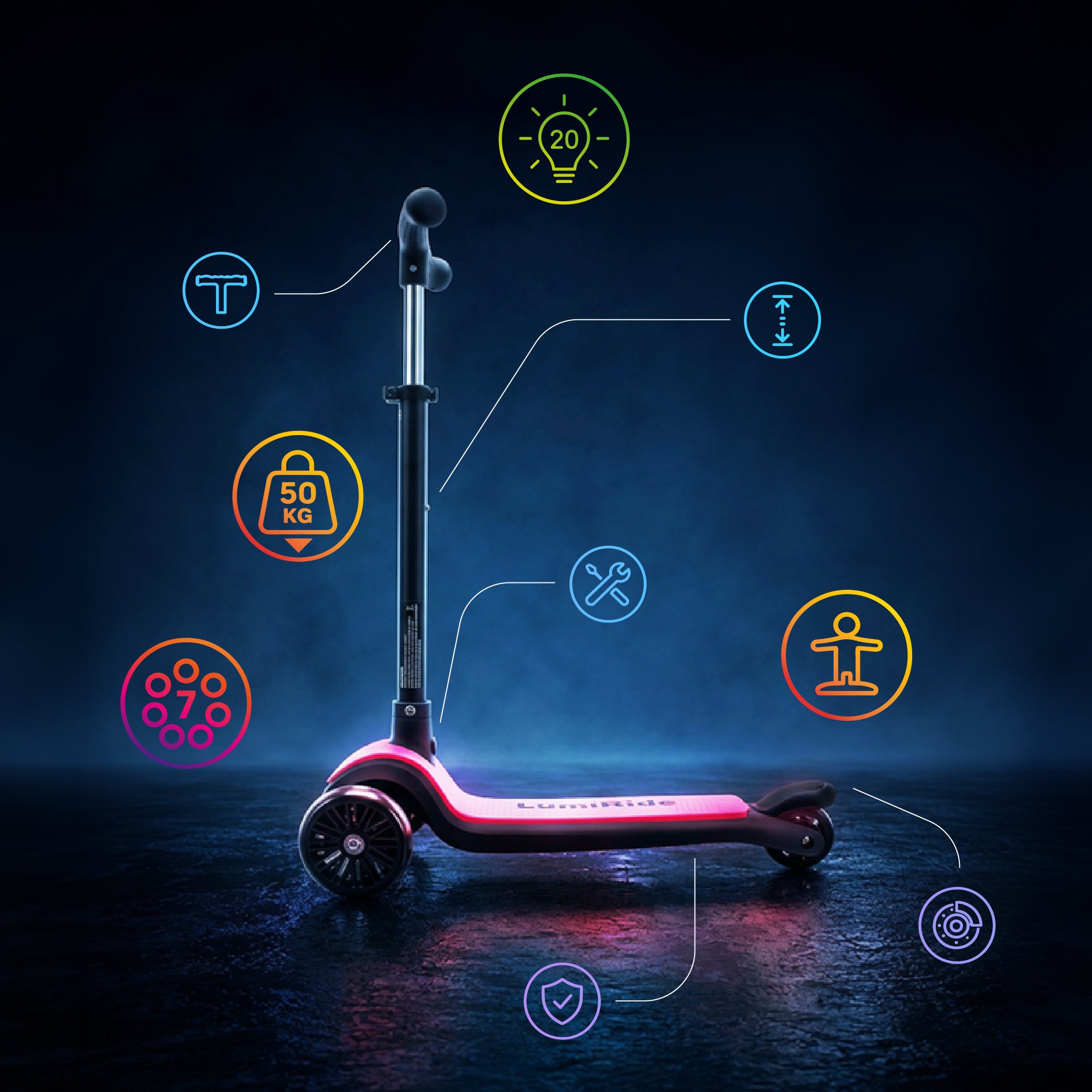 LUMI RIDE Hulajnoga trójkołowa balansowa składana regulowana Platforma LED 7 kolorów 20 programów czarny Sun Baby