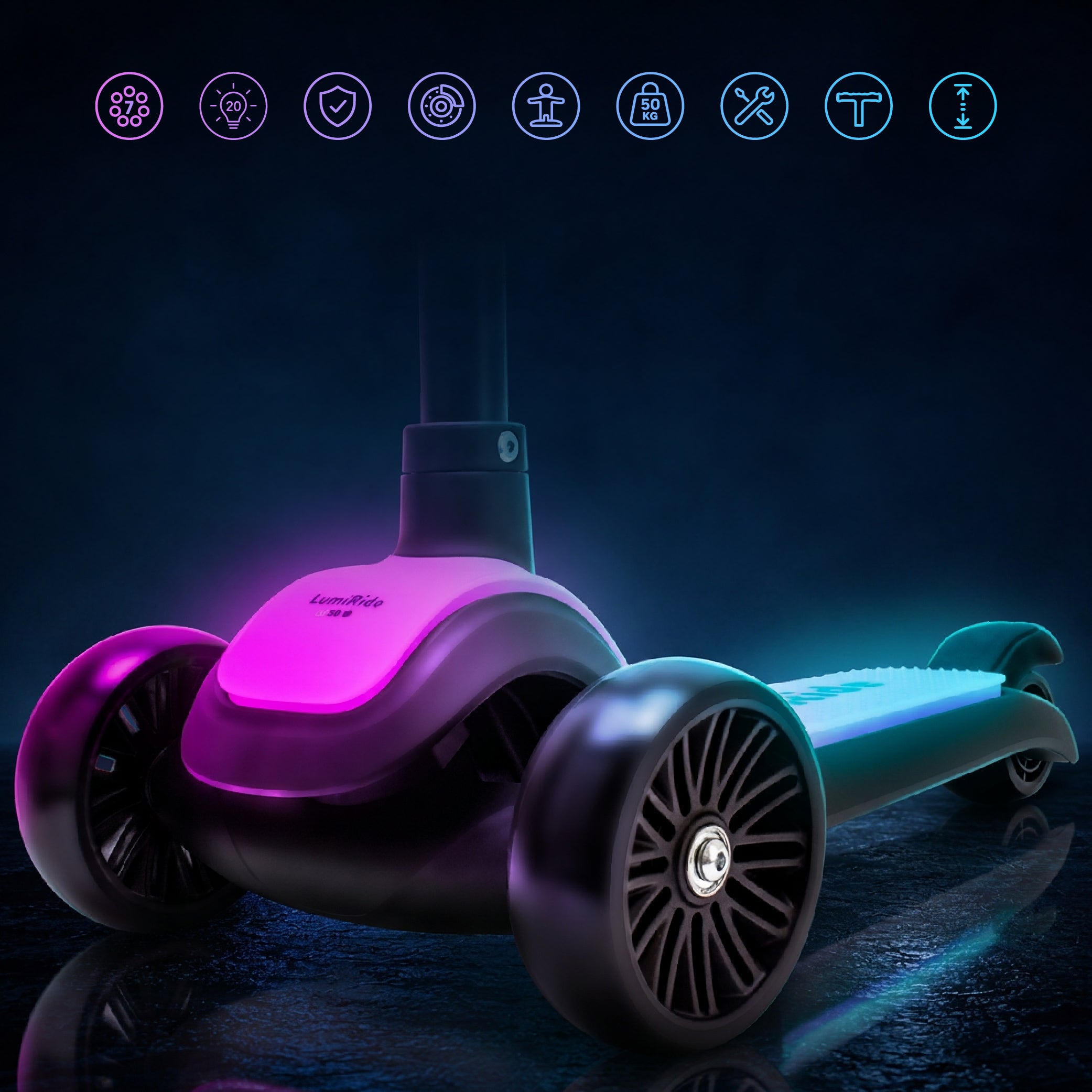 LUMI RIDE Hulajnoga trójkołowa balansowa składana regulowana Platforma LED 7 kolorów 20 programów czarny Sun Baby