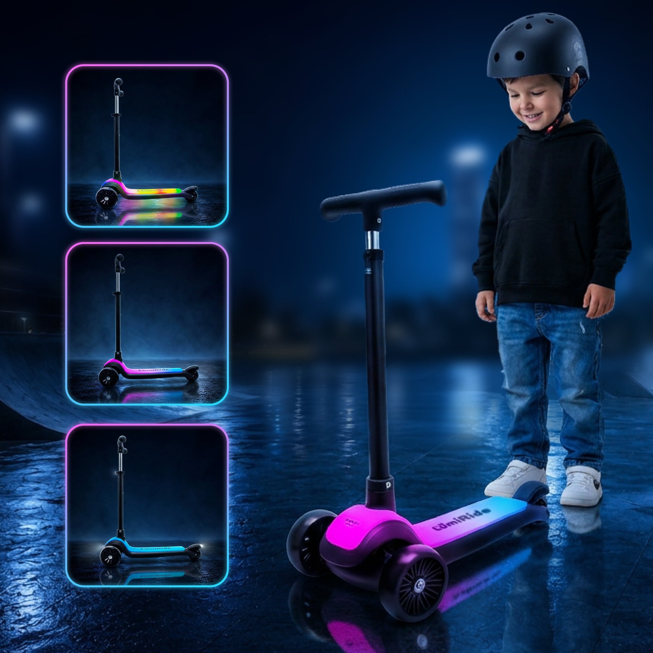 LUMI RIDE Hulajnoga trójkołowa balansowa składana regulowana Platforma LED 7 kolorów 20 programów czarny Sun Baby