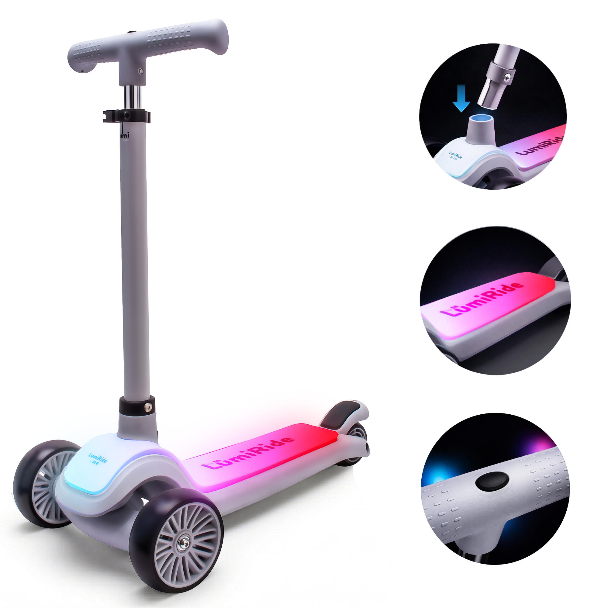 LUMI RIDE Hulajnoga trójkołowa balansowa składana regulowana Platforma LED 7 kolorów 20 programów szary Sun Baby