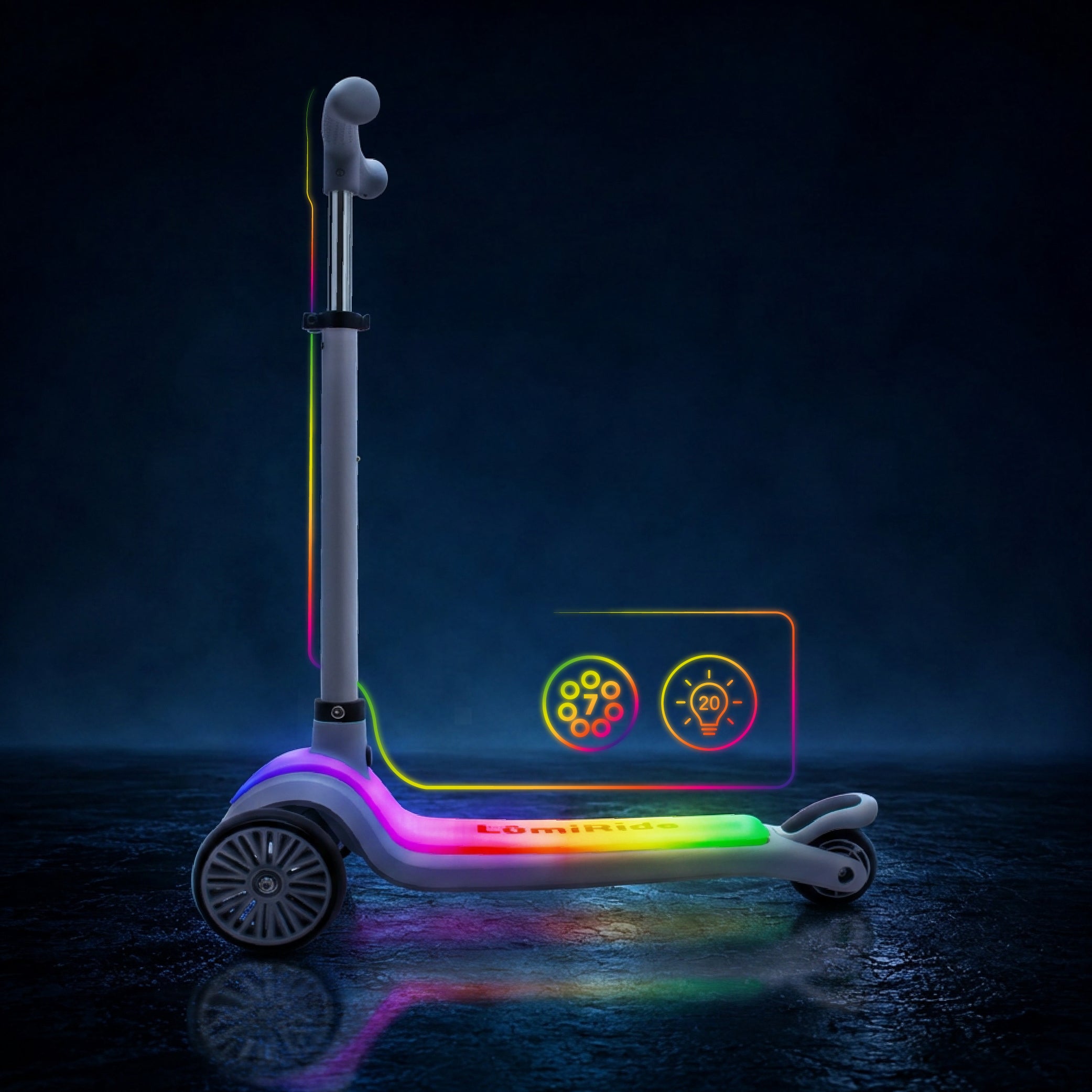 LUMI RIDE Hulajnoga trójkołowa balansowa składana regulowana Platforma LED 7 kolorów 20 programów szary Sun Baby
