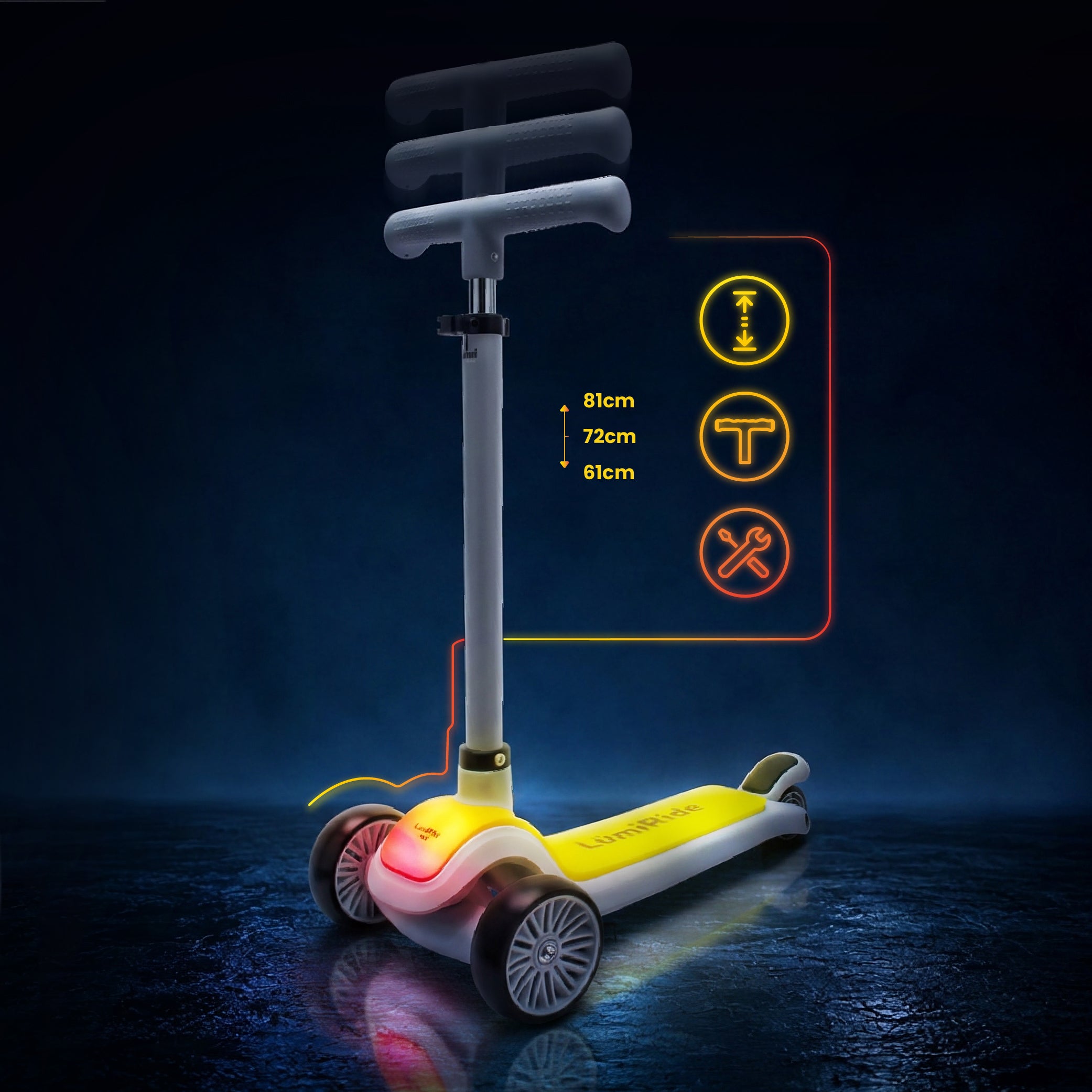 LUMI RIDE Hulajnoga trójkołowa balansowa składana regulowana Platforma LED 7 kolorów 20 programów szary Sun Baby