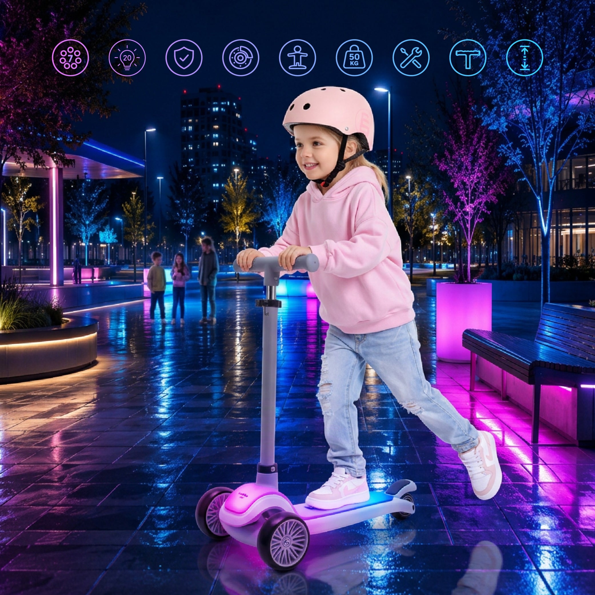 LUMI RIDE Hulajnoga trójkołowa balansowa składana regulowana Platforma LED 7 kolorów 20 programów szary Sun Baby