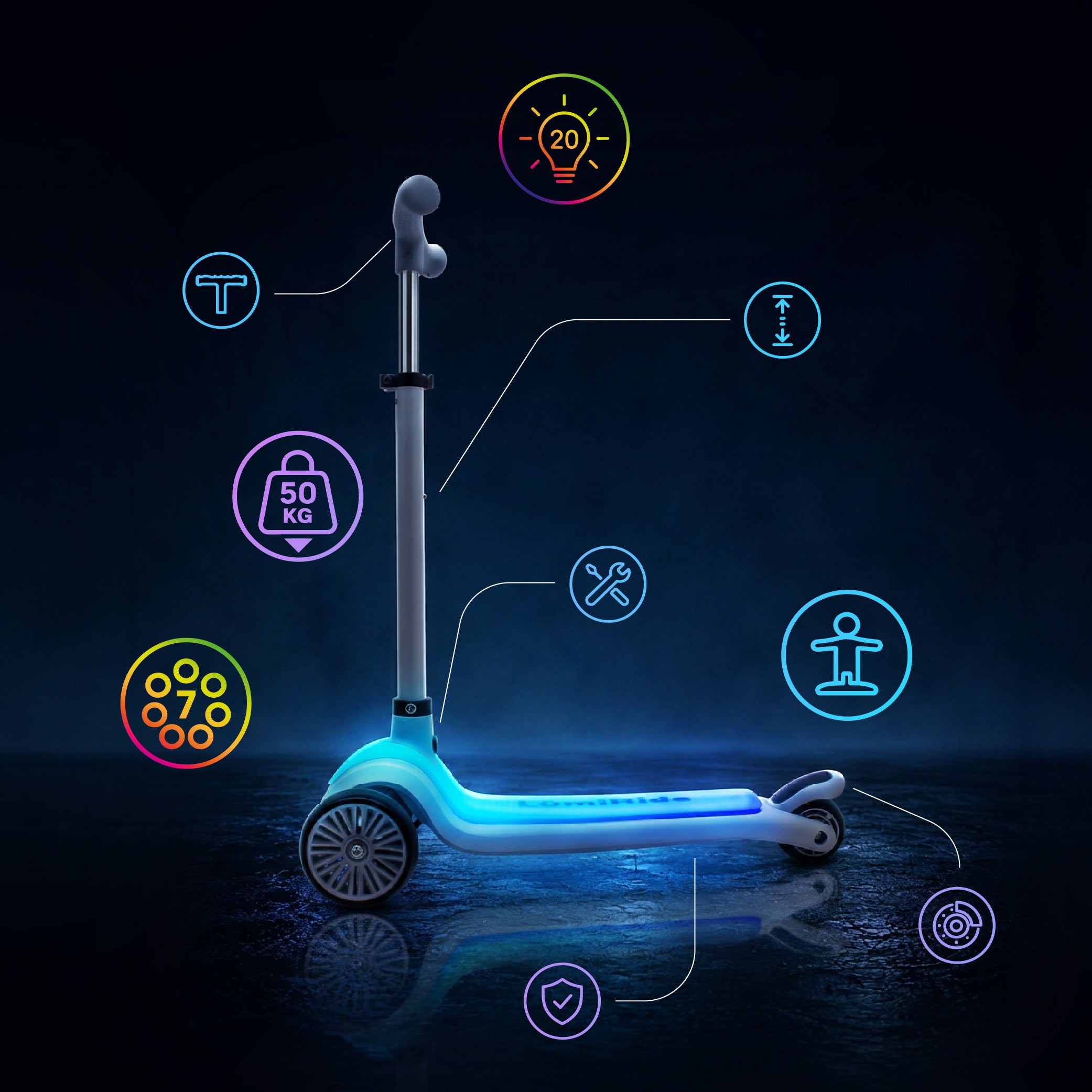 LUMI RIDE Hulajnoga trójkołowa balansowa składana regulowana Platforma LED 7 kolorów 20 programów szary Sun Baby