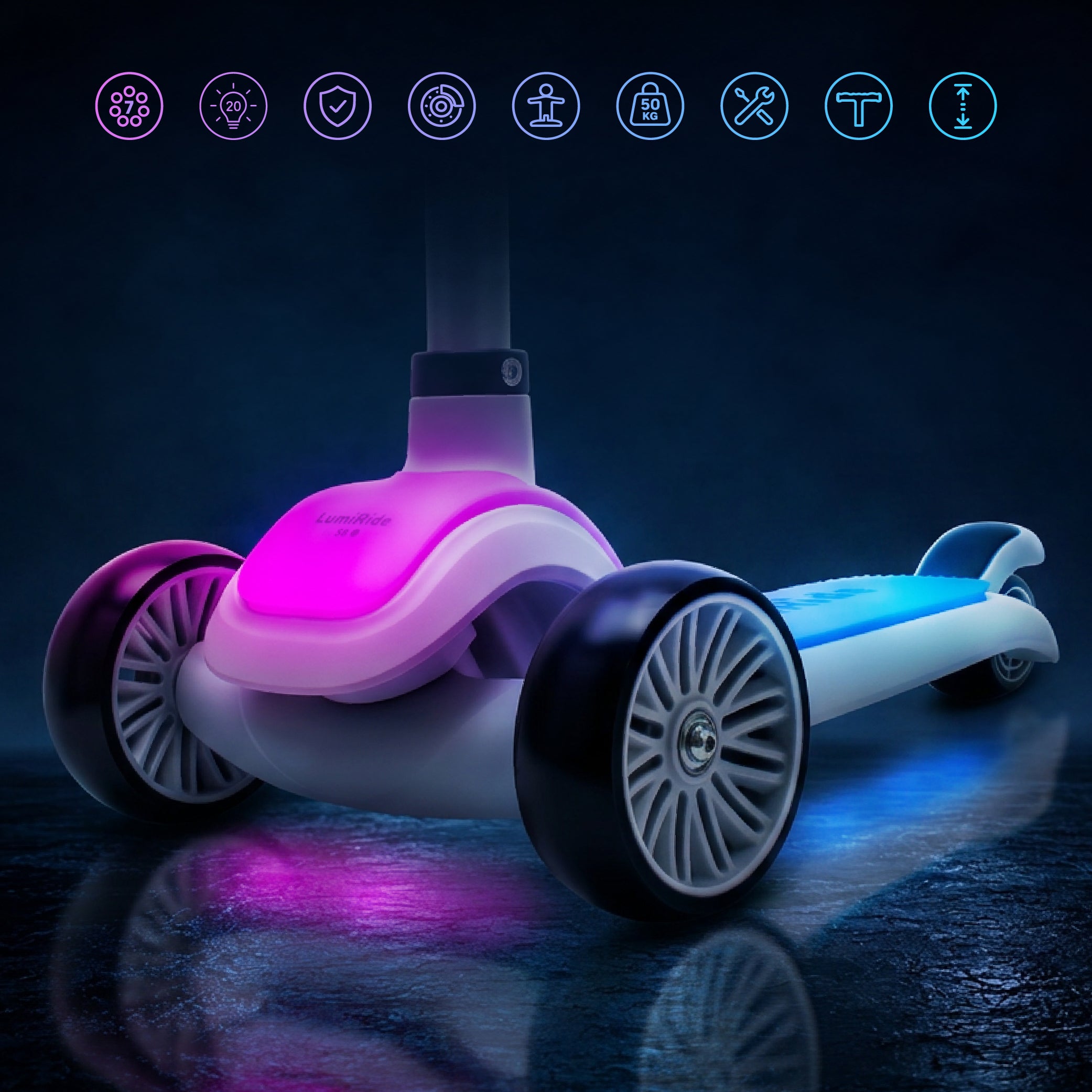 LUMI RIDE Hulajnoga trójkołowa balansowa składana regulowana Platforma LED 7 kolorów 20 programów szary Sun Baby