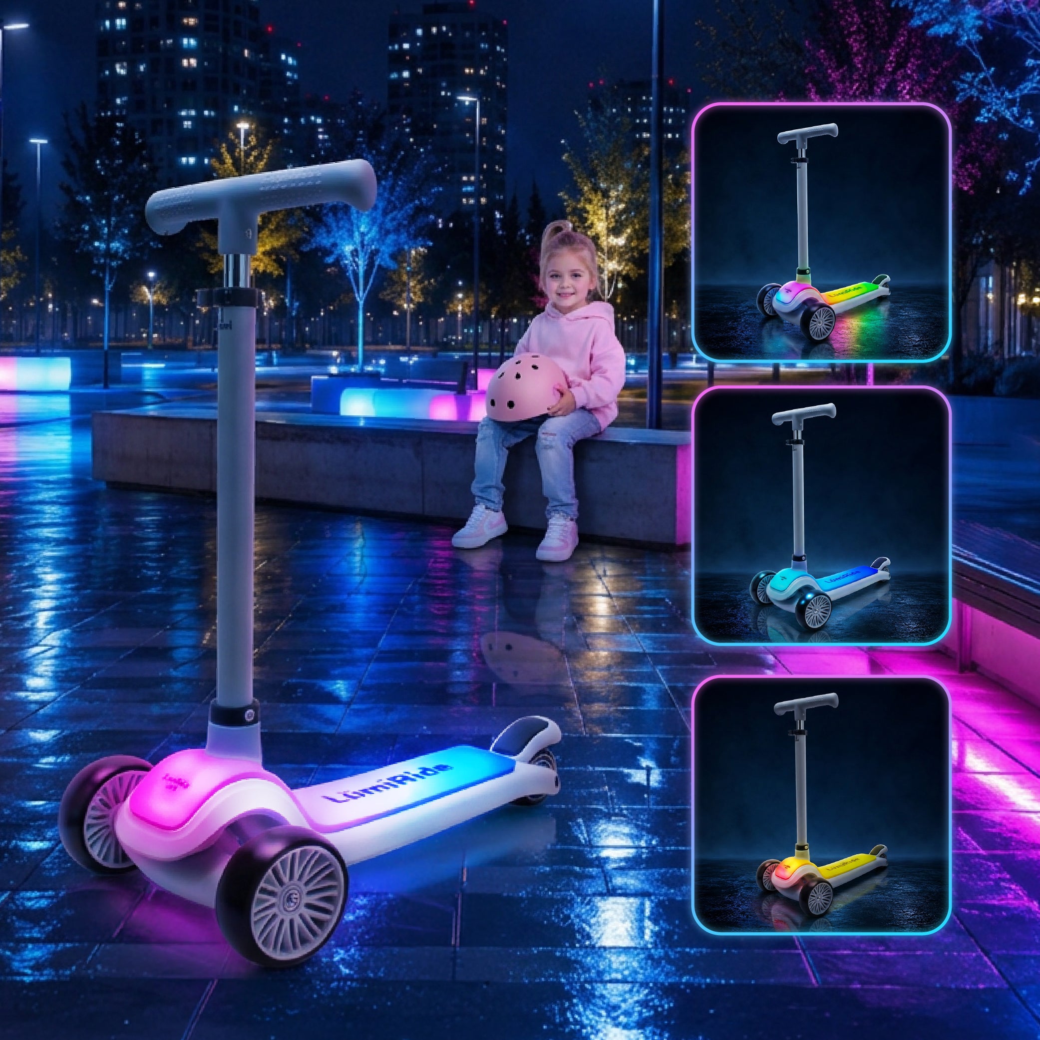 LUMI RIDE Hulajnoga trójkołowa balansowa składana regulowana Platforma LED 7 kolorów 20 programów szary Sun Baby
