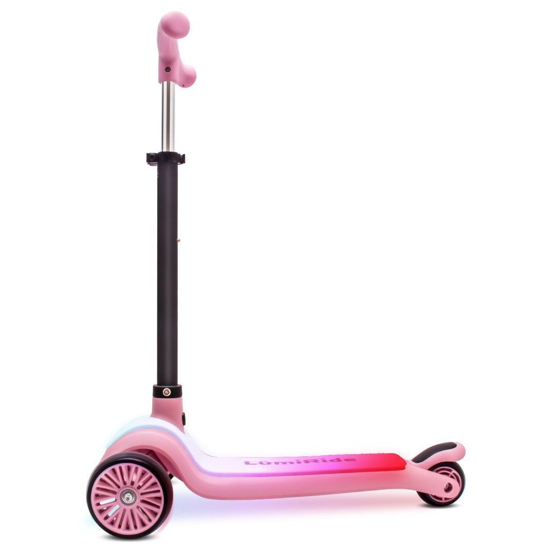 LUMI RIDE Dreirad-Balance-Scooter, faltbar, verstellbar, LED-Plattform, 7 Farben, 20 Programme, Rosa, Sonne, Baby 