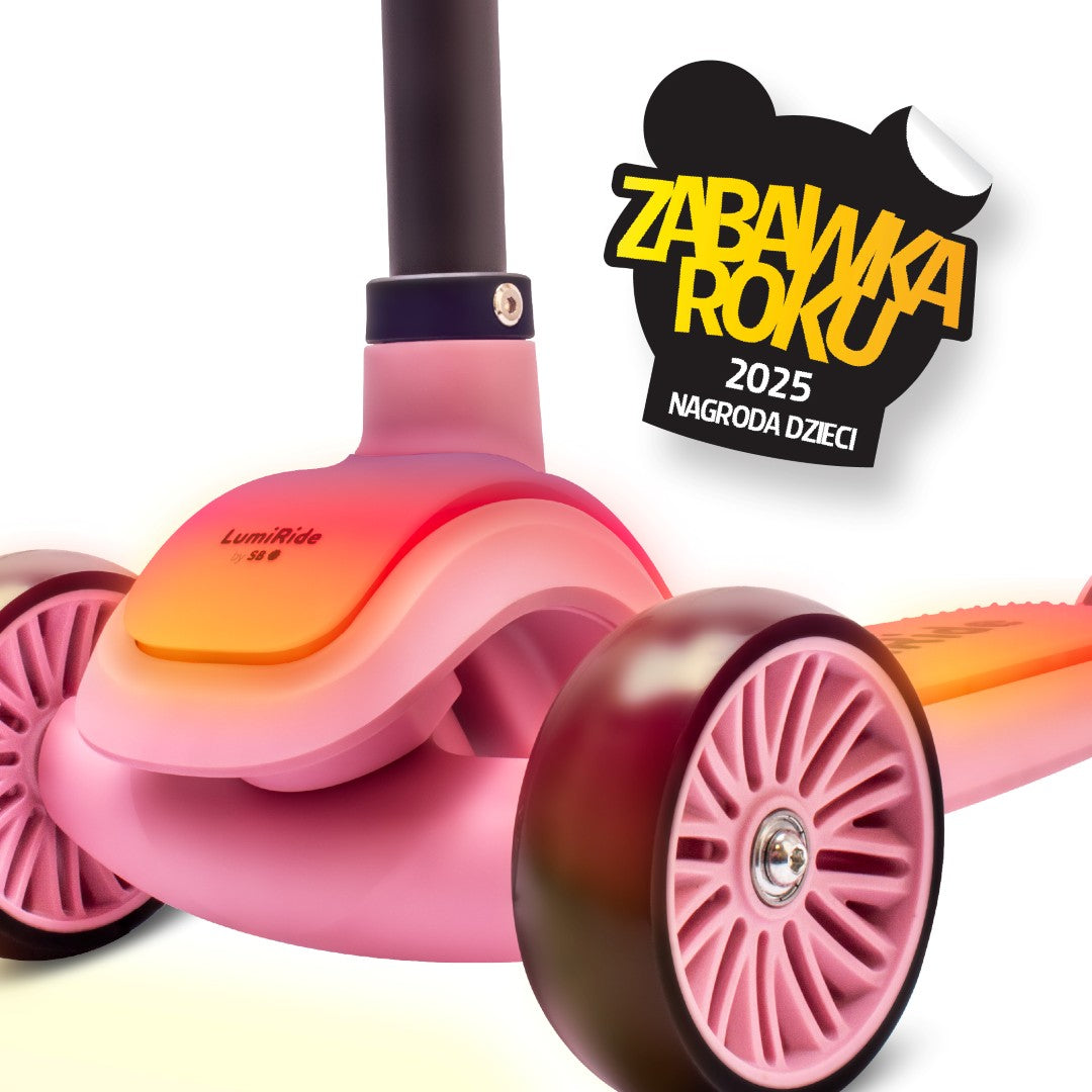 LUMI RIDE Dreirad-Balance-Scooter, faltbar, verstellbar, LED-Plattform, 7 Farben, 20 Programme, Rosa, Sonne, Baby 