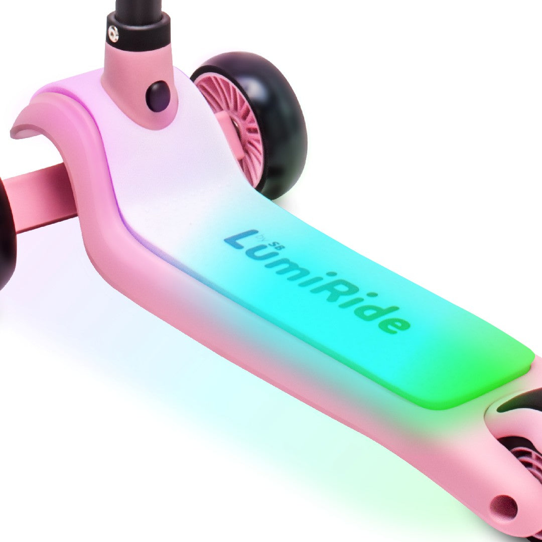 LUMI RIDE Dreirad-Balance-Scooter, faltbar, verstellbar, LED-Plattform, 7 Farben, 20 Programme, Rosa, Sonne, Baby 