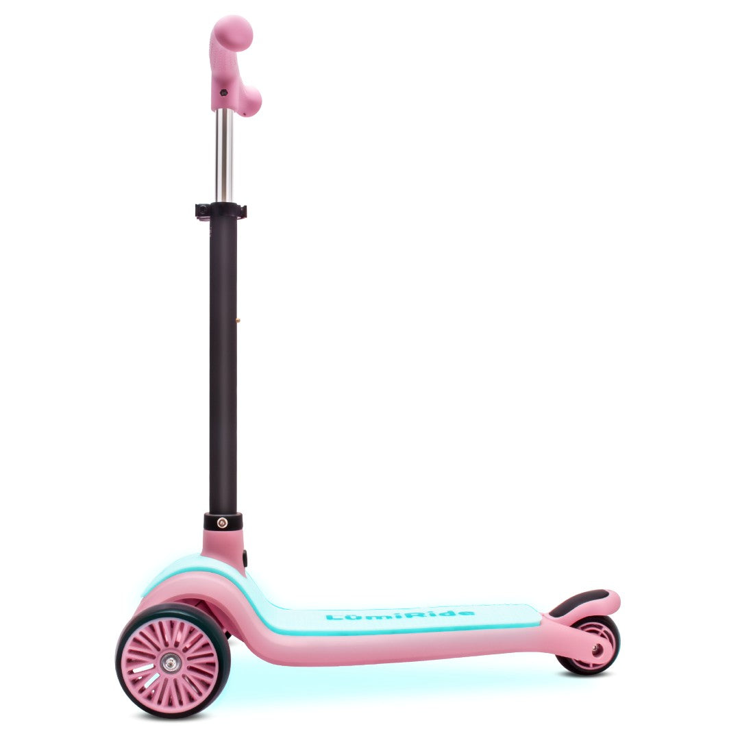 LUMI RIDE Dreirad-Balance-Scooter, faltbar, verstellbar, LED-Plattform, 7 Farben, 20 Programme, Rosa, Sonne, Baby 