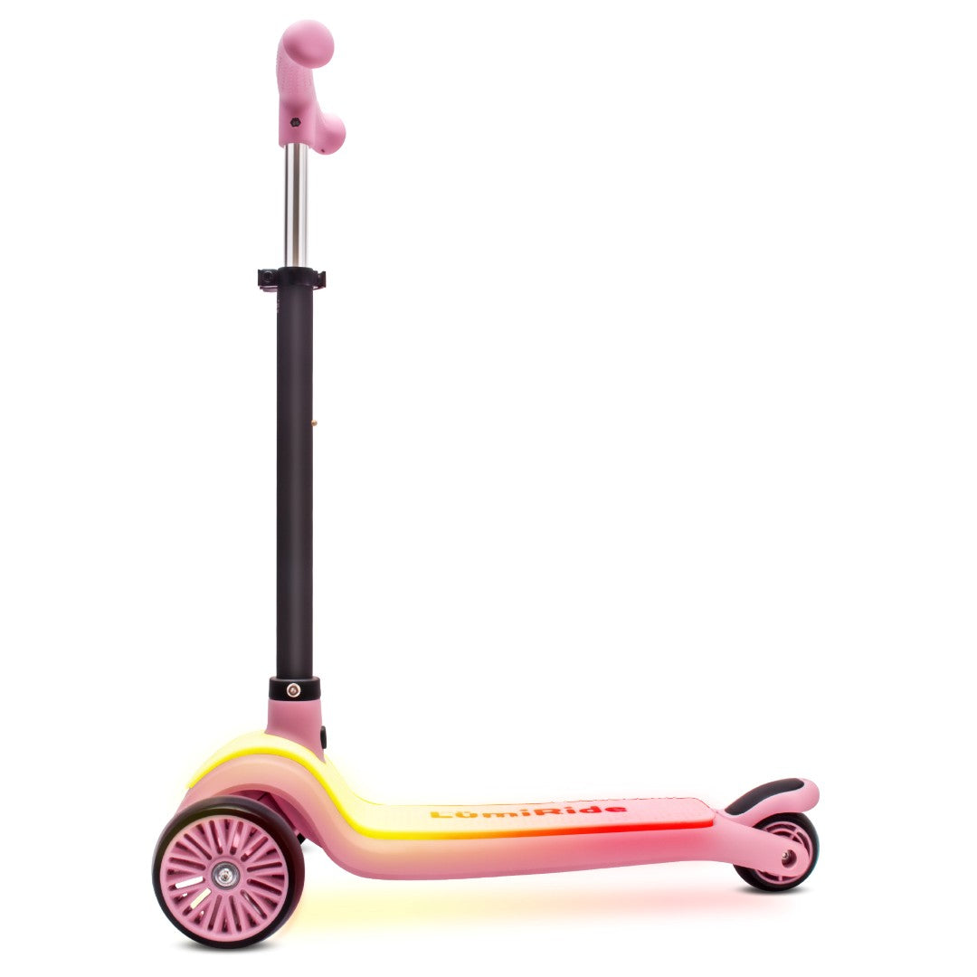 LUMI RIDE Dreirad-Balance-Scooter, faltbar, verstellbar, LED-Plattform, 7 Farben, 20 Programme, Rosa, Sonne, Baby 