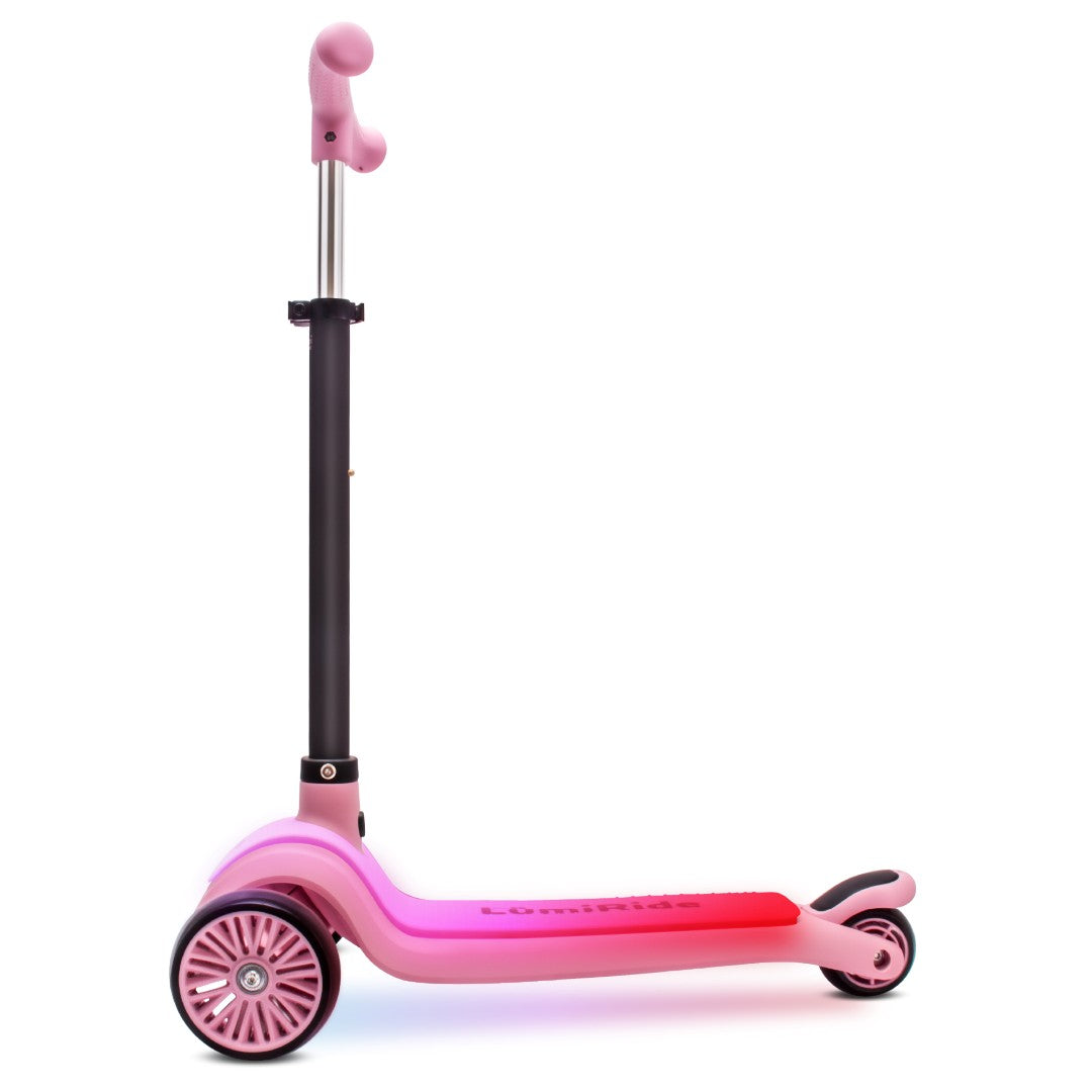 LUMI RIDE Dreirad-Balance-Scooter, faltbar, verstellbar, LED-Plattform, 7 Farben, 20 Programme, Rosa, Sonne, Baby 