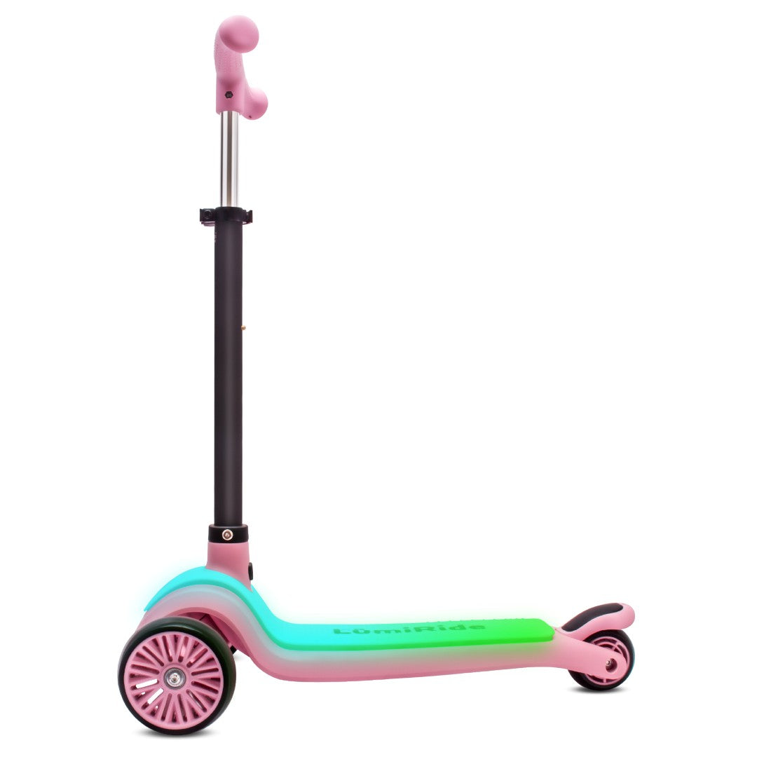 LUMI RIDE Dreirad-Balance-Scooter, faltbar, verstellbar, LED-Plattform, 7 Farben, 20 Programme, Rosa, Sonne, Baby 