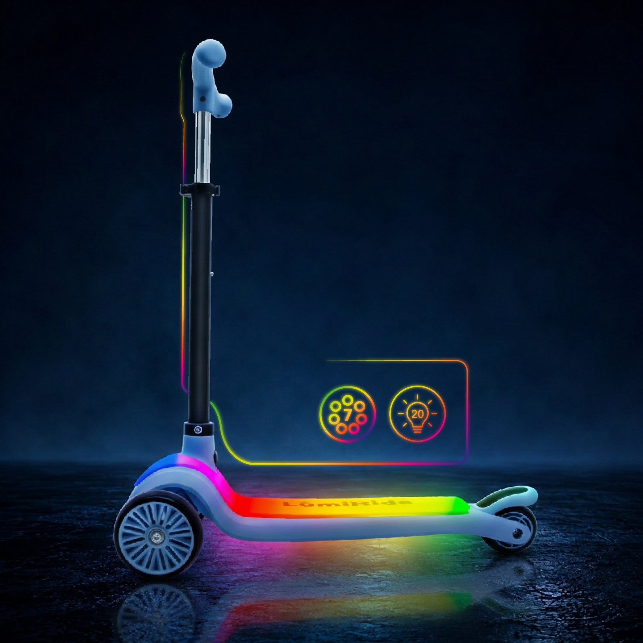 LUMI RIDE 3-wheeled balance scooter, foldable, adjustable, LED platform, 7 colors, 20 programs, blue, Sun Baby