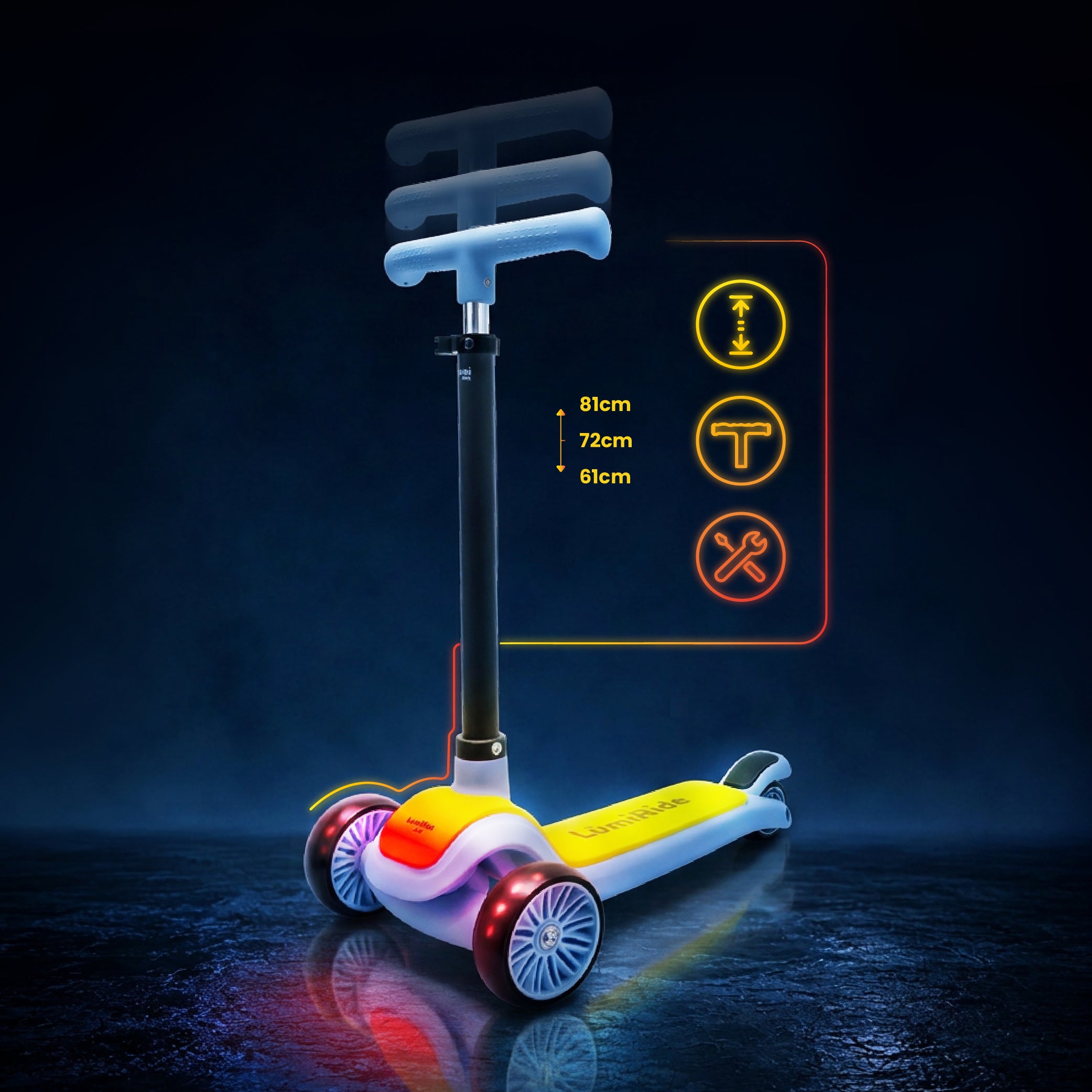 LUMI RIDE 3-wheeled balance scooter, foldable, adjustable, LED platform, 7 colors, 20 programs, blue, Sun Baby