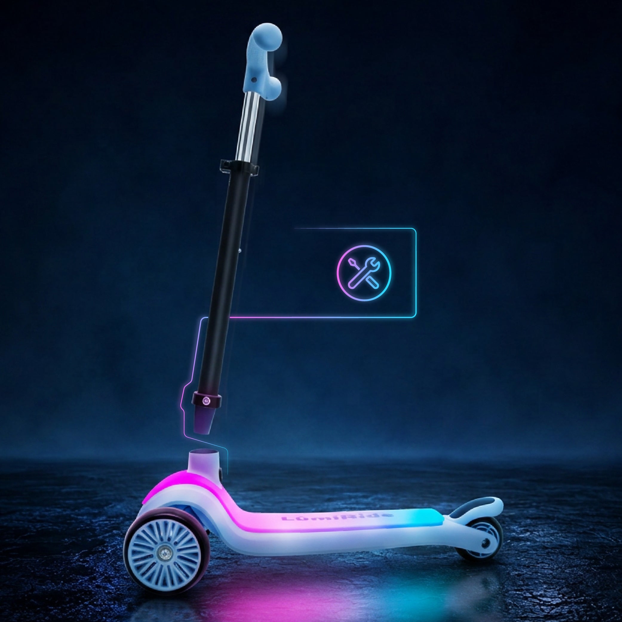 LUMI RIDE 3-wheeled balance scooter, foldable, adjustable, LED platform, 7 colors, 20 programs, blue, Sun Baby