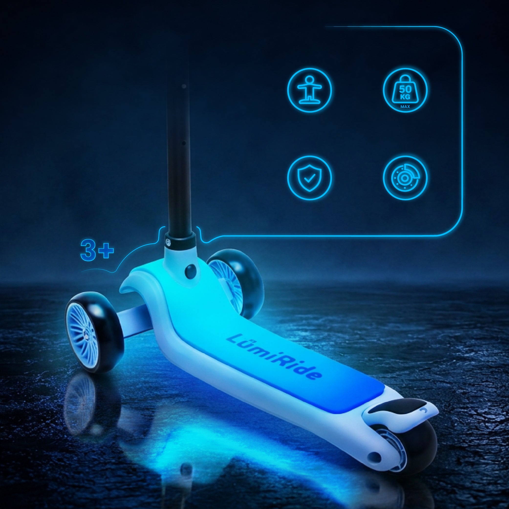 LUMI RIDE 3-wheeled balance scooter, foldable, adjustable, LED platform, 7 colors, 20 programs, blue, Sun Baby