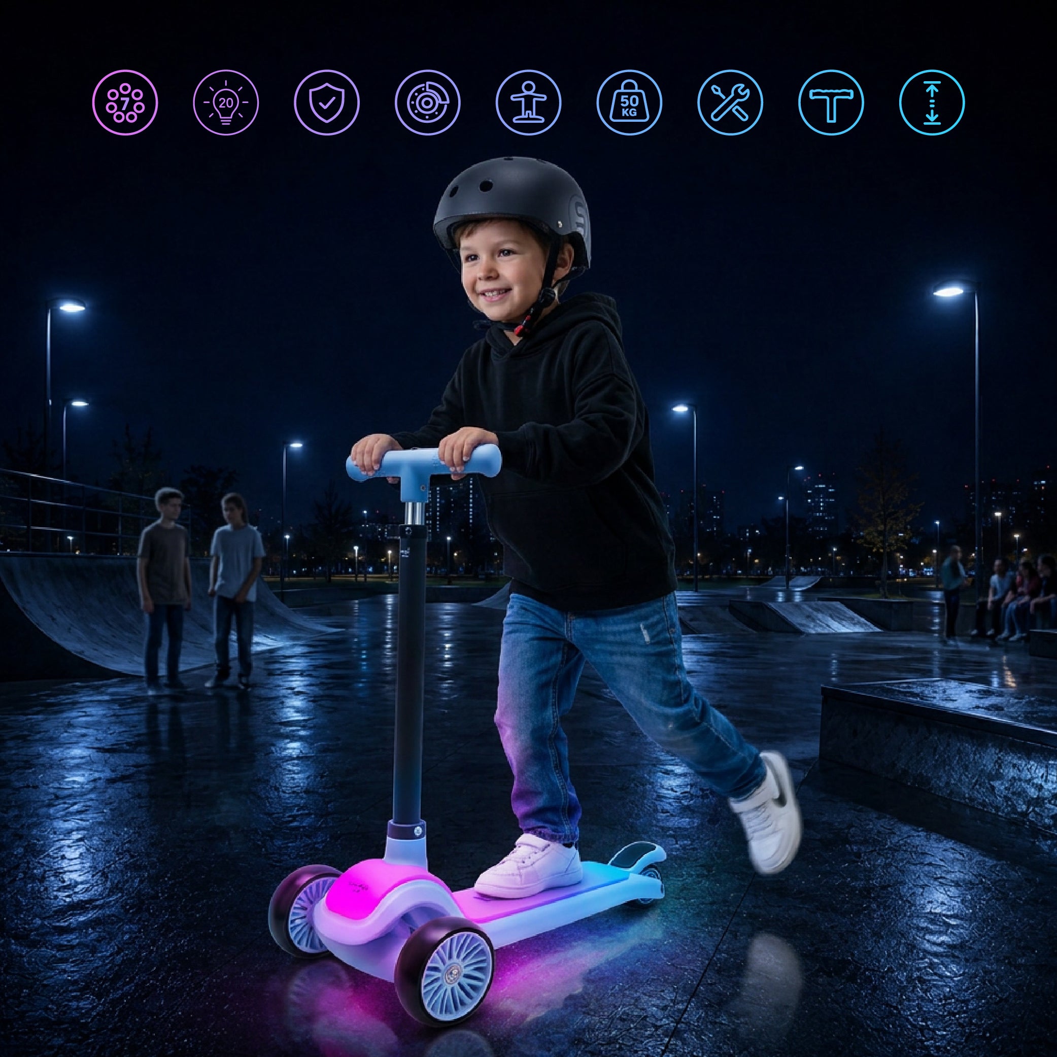 LUMI RIDE 3-wheeled balance scooter, foldable, adjustable, LED platform, 7 colors, 20 programs, blue, Sun Baby