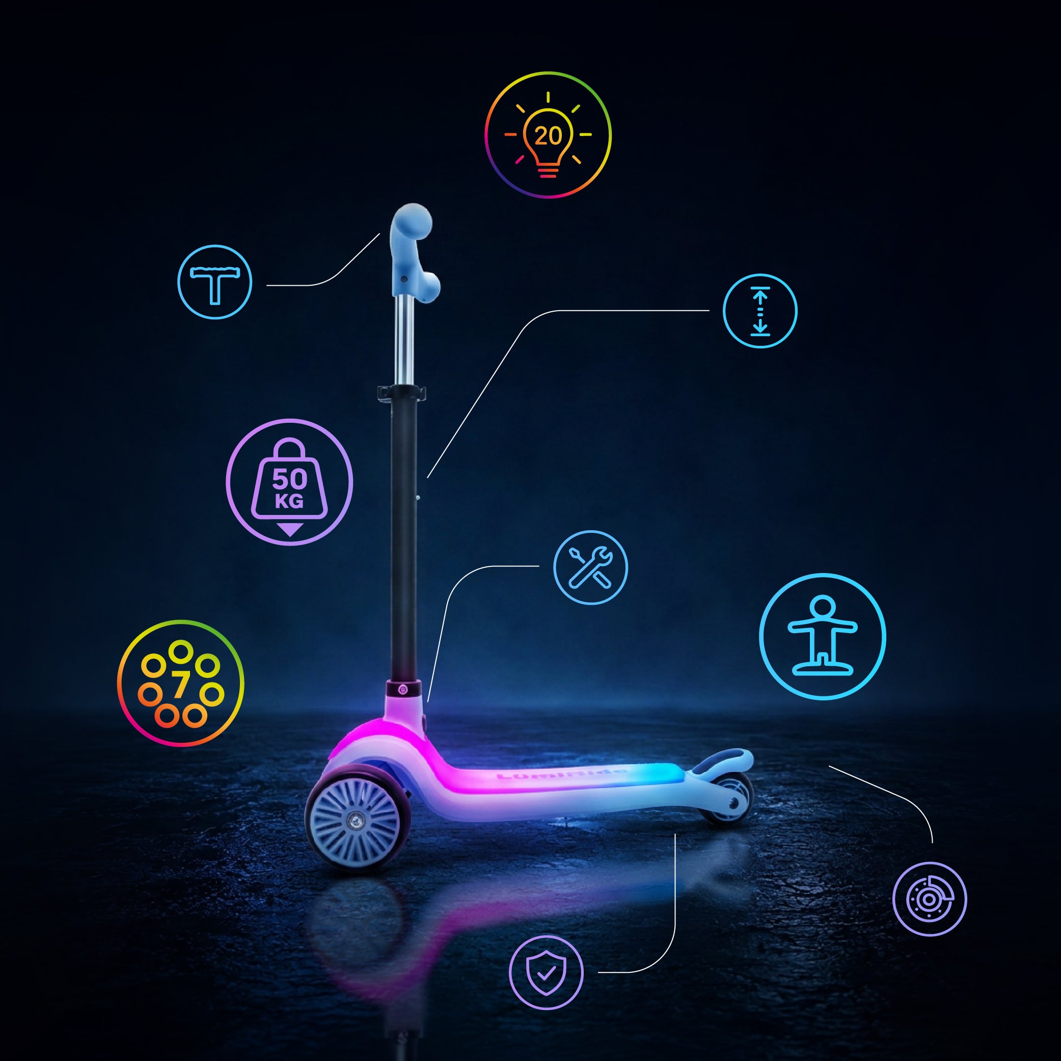 LUMI RIDE 3-wheeled balance scooter, foldable, adjustable, LED platform, 7 colors, 20 programs, blue, Sun Baby