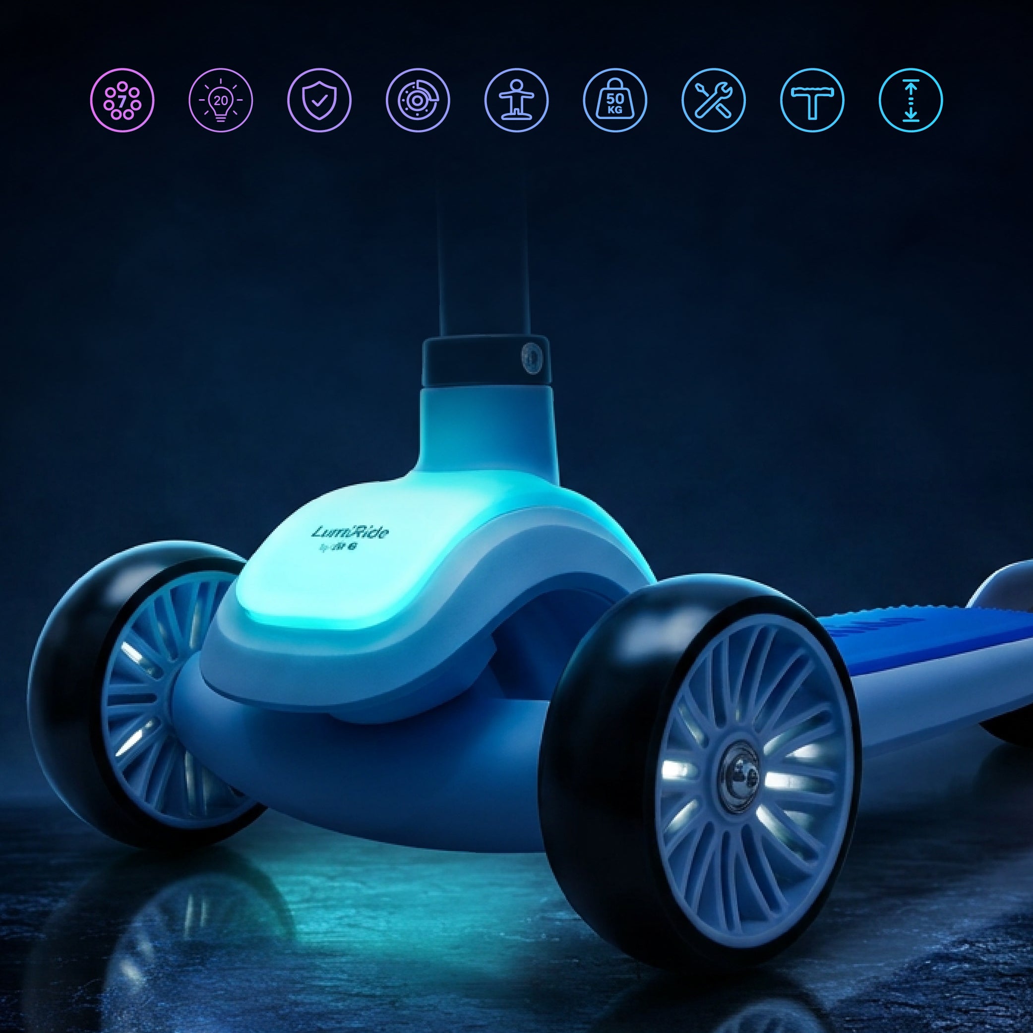 LUMI RIDE 3-wheeled balance scooter, foldable, adjustable, LED platform, 7 colors, 20 programs, blue, Sun Baby