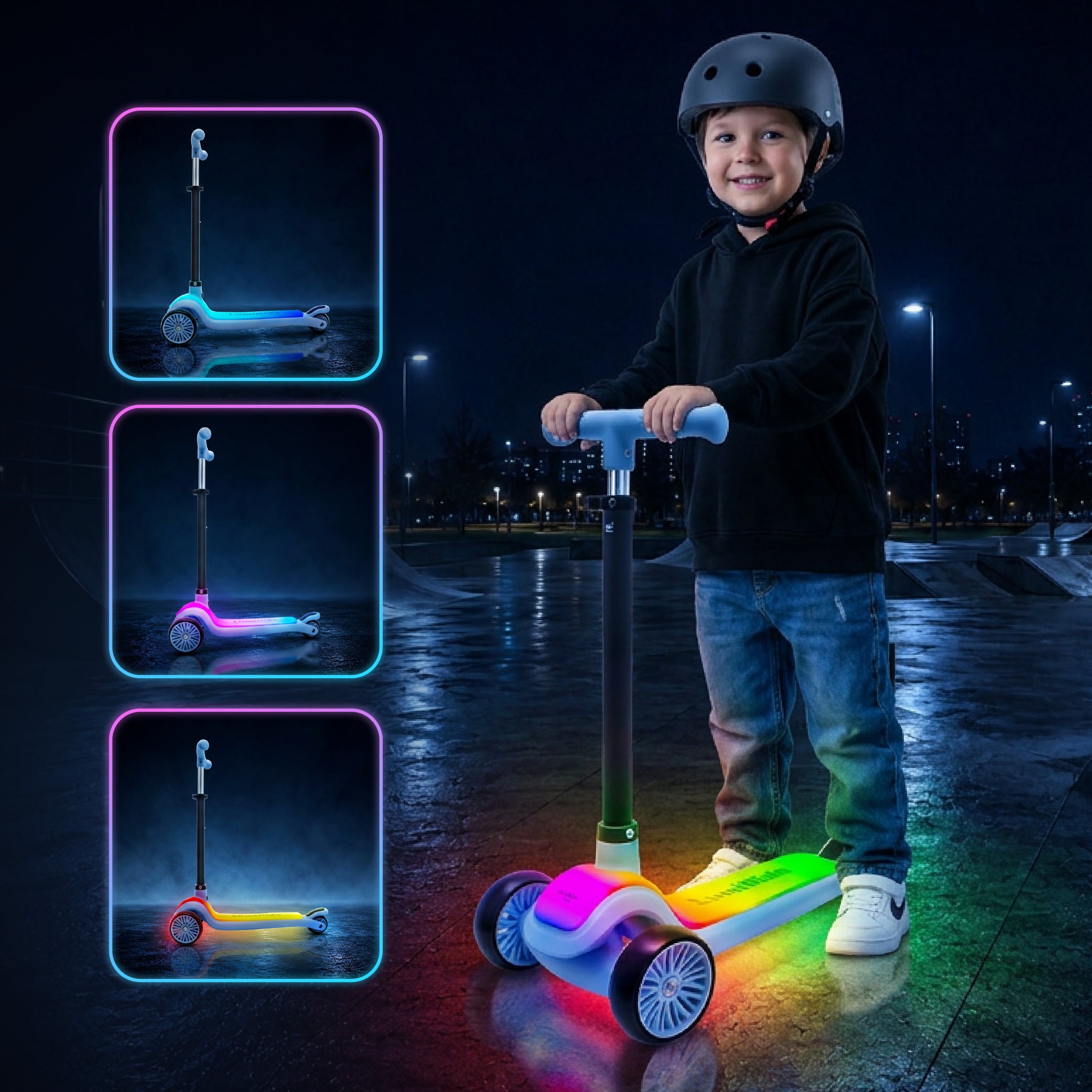 LUMI RIDE 3-wheeled balance scooter, foldable, adjustable, LED platform, 7 colors, 20 programs, blue, Sun Baby