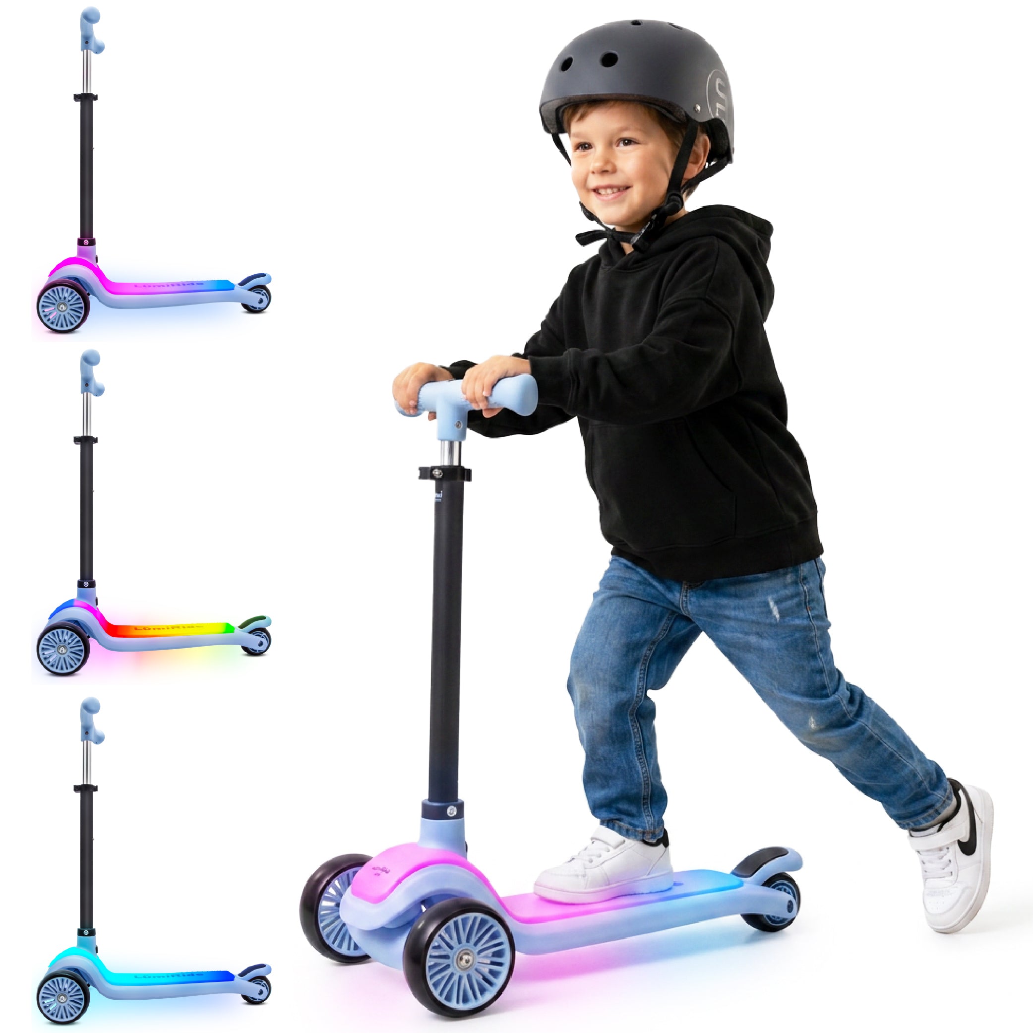 LUMI RIDE Hulajnoga trójkołowa balansowa składana regulowana Platforma LED 7 kolorów 20 programów niebieski Sun Baby