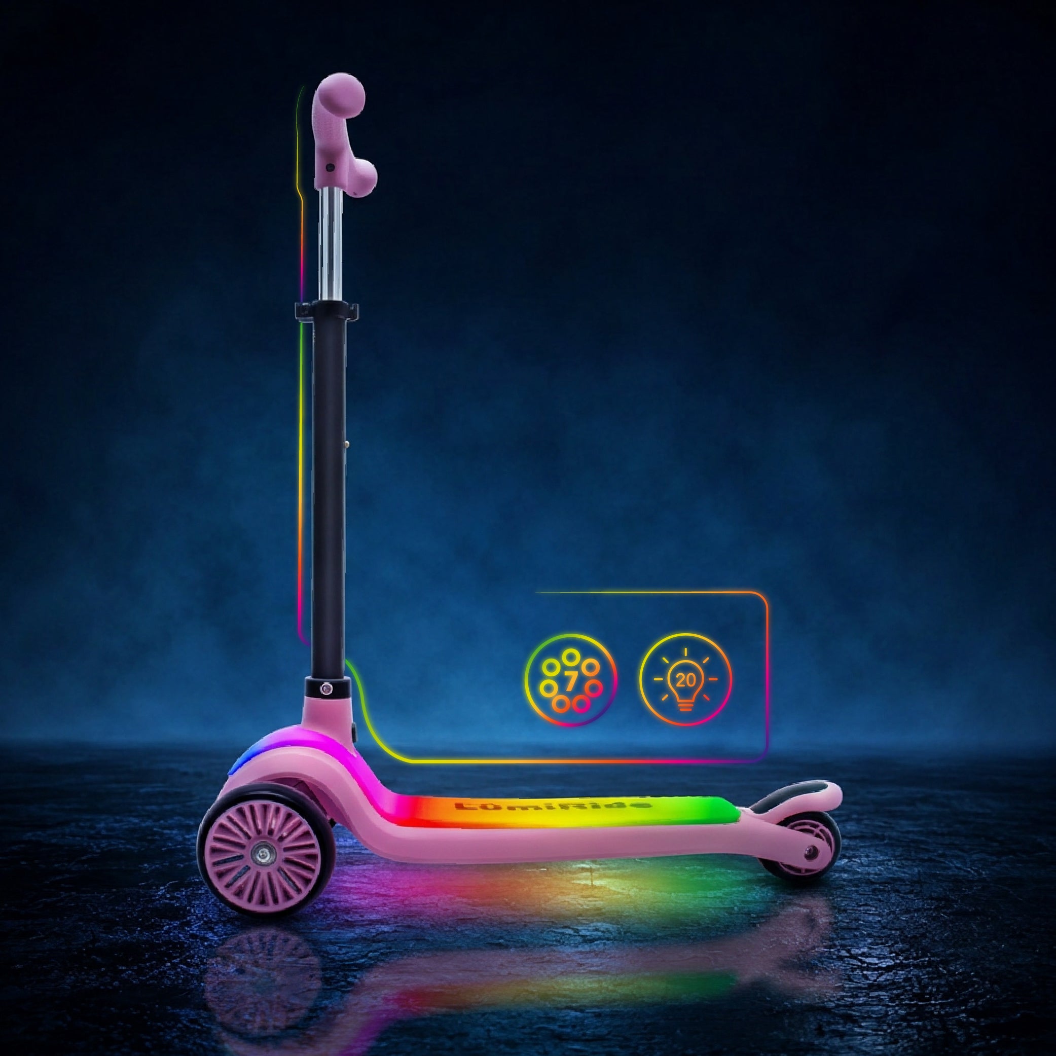 LUMI RIDE Hulajnoga trójkołowa balansowa składana regulowana Platforma LED 7 kolorów 20 programów różowy Sun Baby